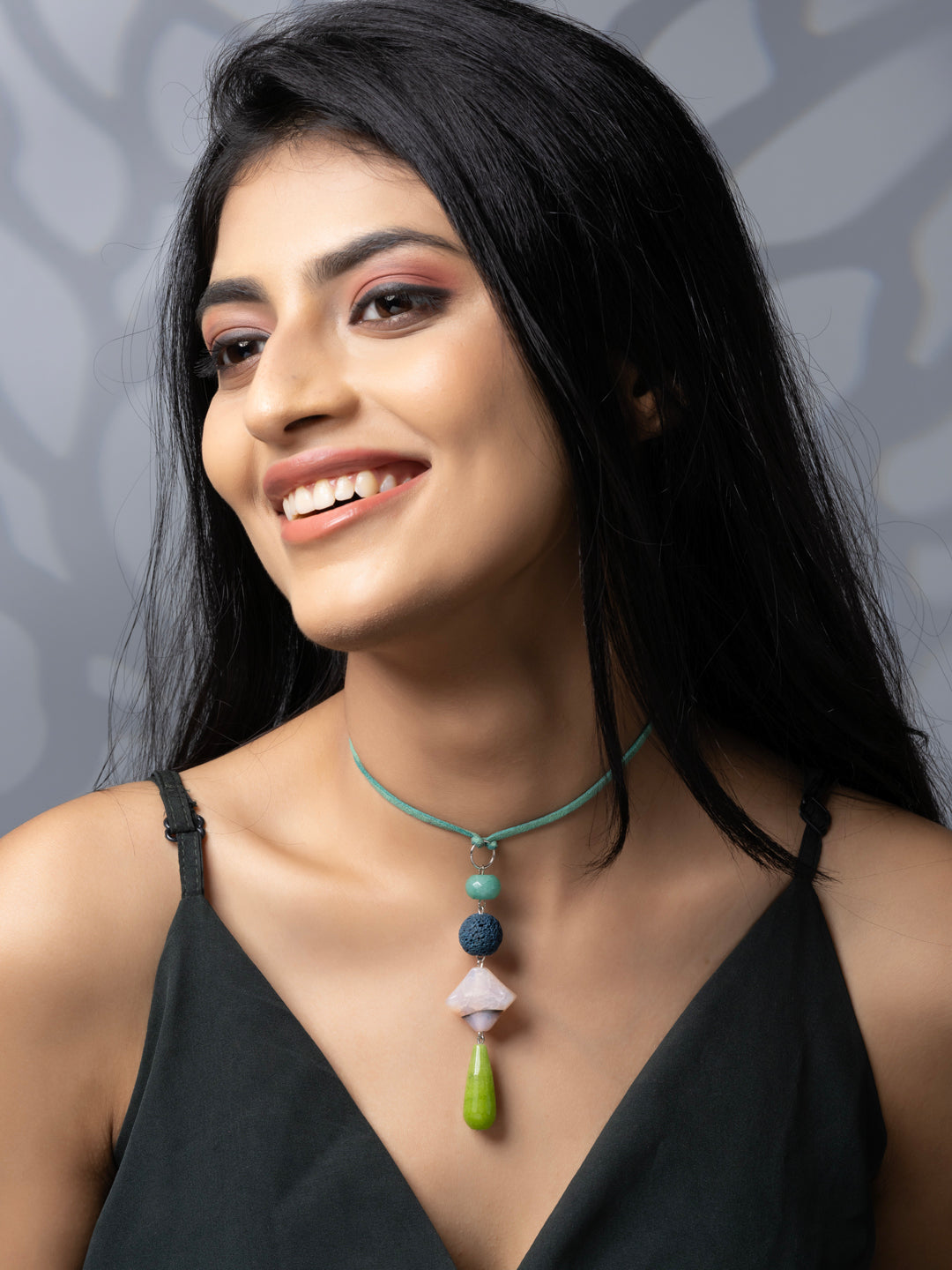 Semi Precious Blue Green Onyx Agate Lava Sleek necklace with adjustable Suede Cord LOOK AND ADORN - designed for you