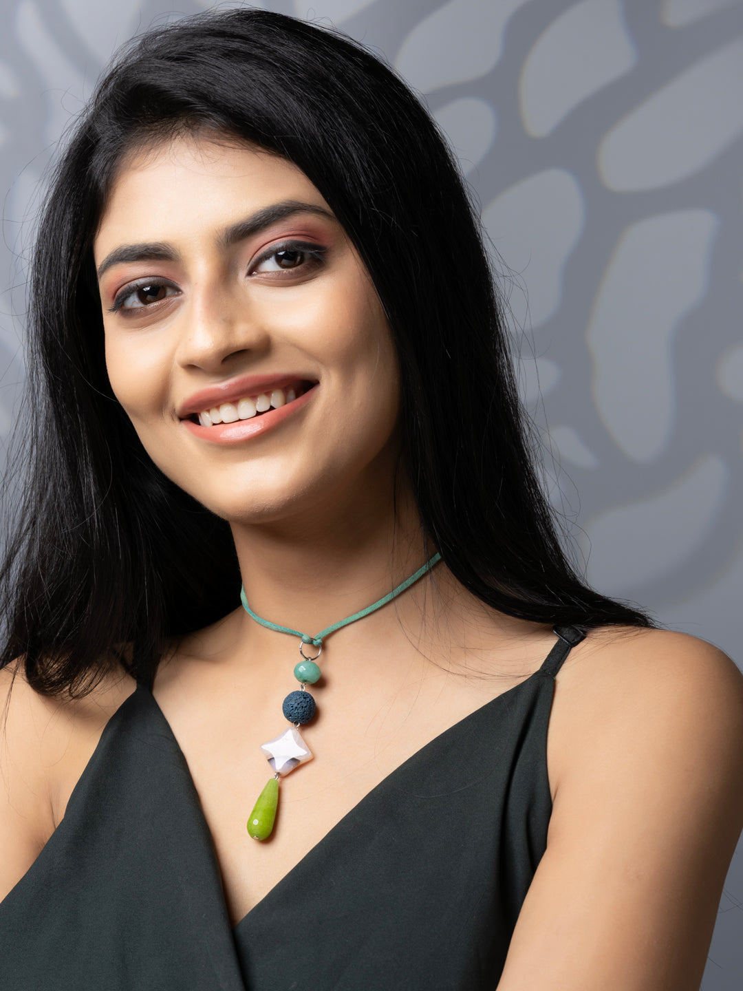 Semi Precious Blue Green Onyx Agate Lava Sleek necklace with adjustable Suede Cord LOOK AND ADORN - designed for you