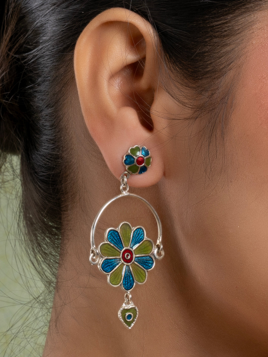 Mehendi Green Turquoise Blue Floral Meenakari Enamel Stud Chandbali Earring
