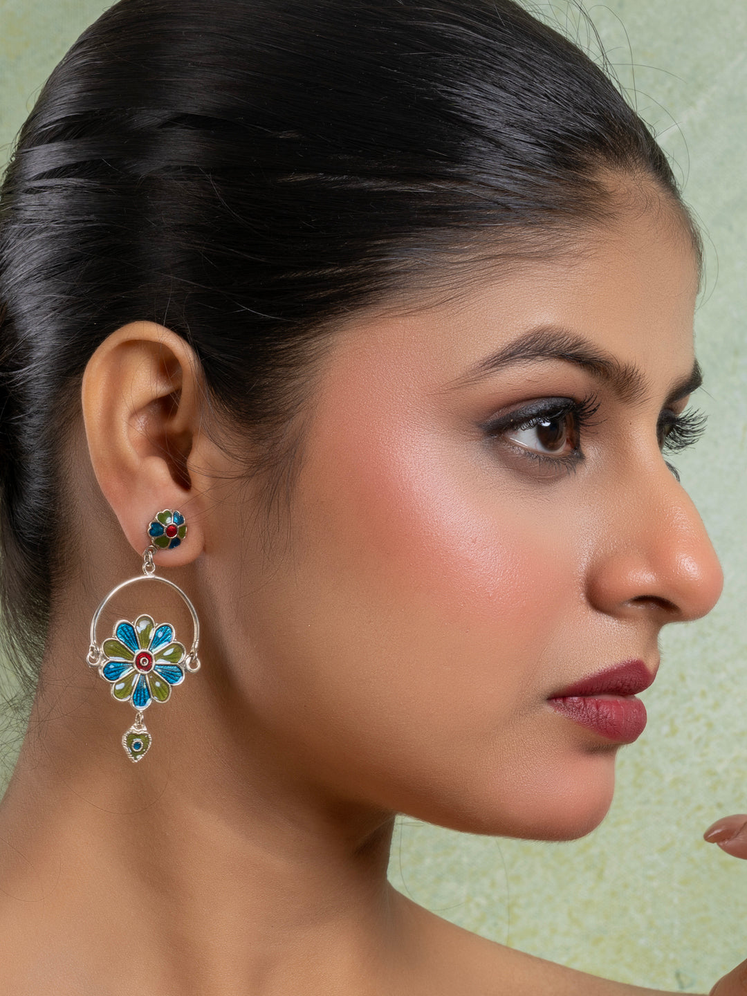 Mehendi Green Turquoise Blue Floral Meenakari Enamel Stud Chandbali Earring