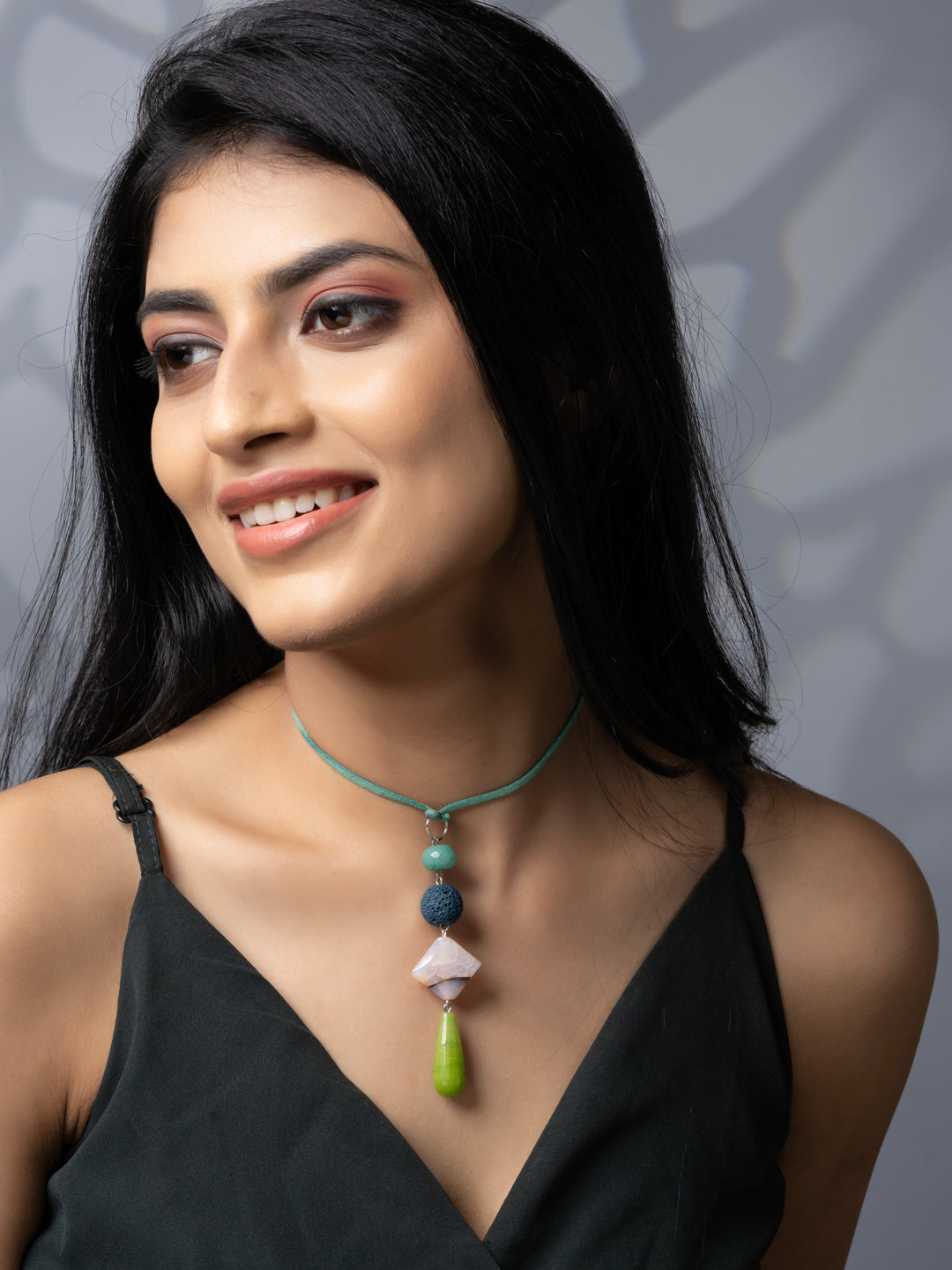 Semi Precious Blue Green Onyx Agate Lava Sleek necklace with adjustable Suede Cord LOOK AND ADORN - designed for you