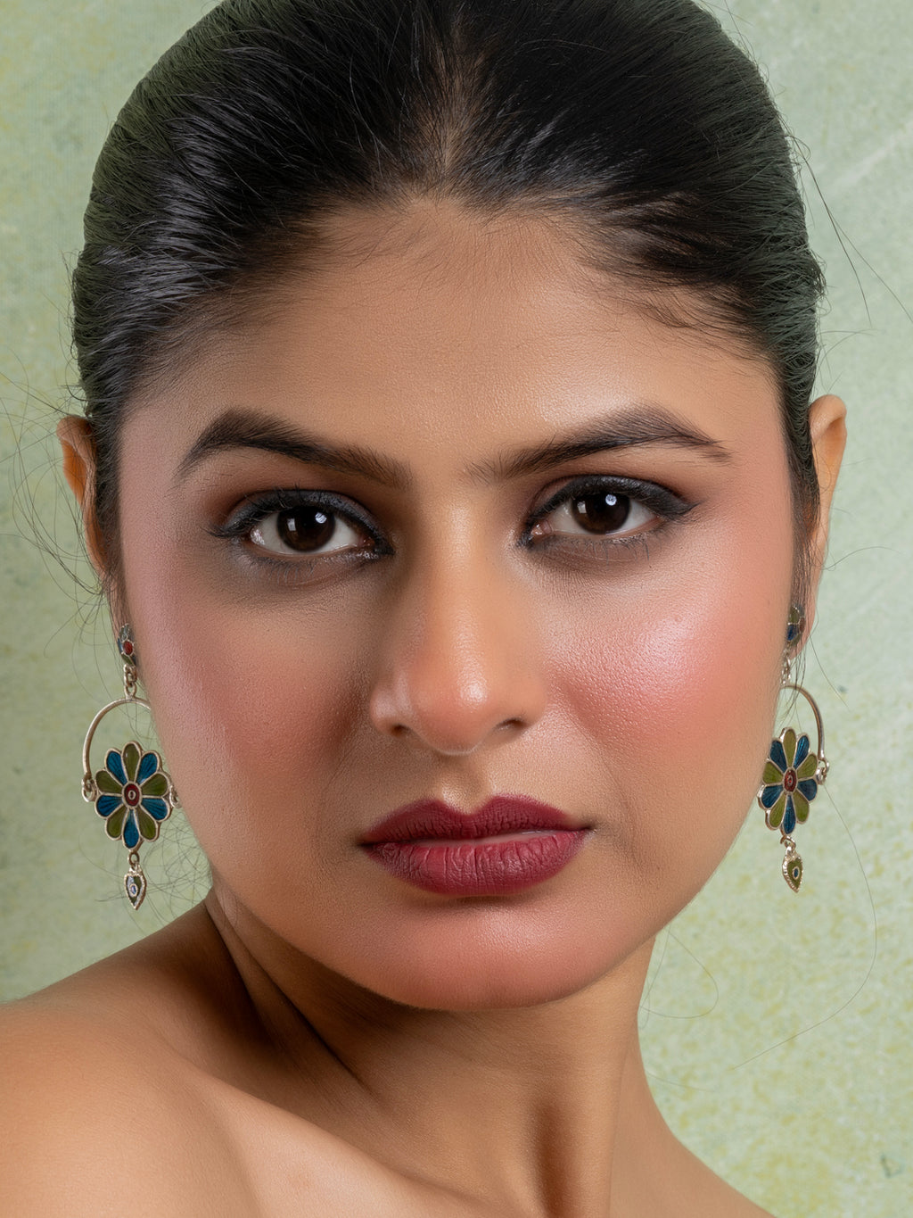 Mehendi Green Turquoise Blue Floral Meenakari Enamel Stud Chandbali Earring