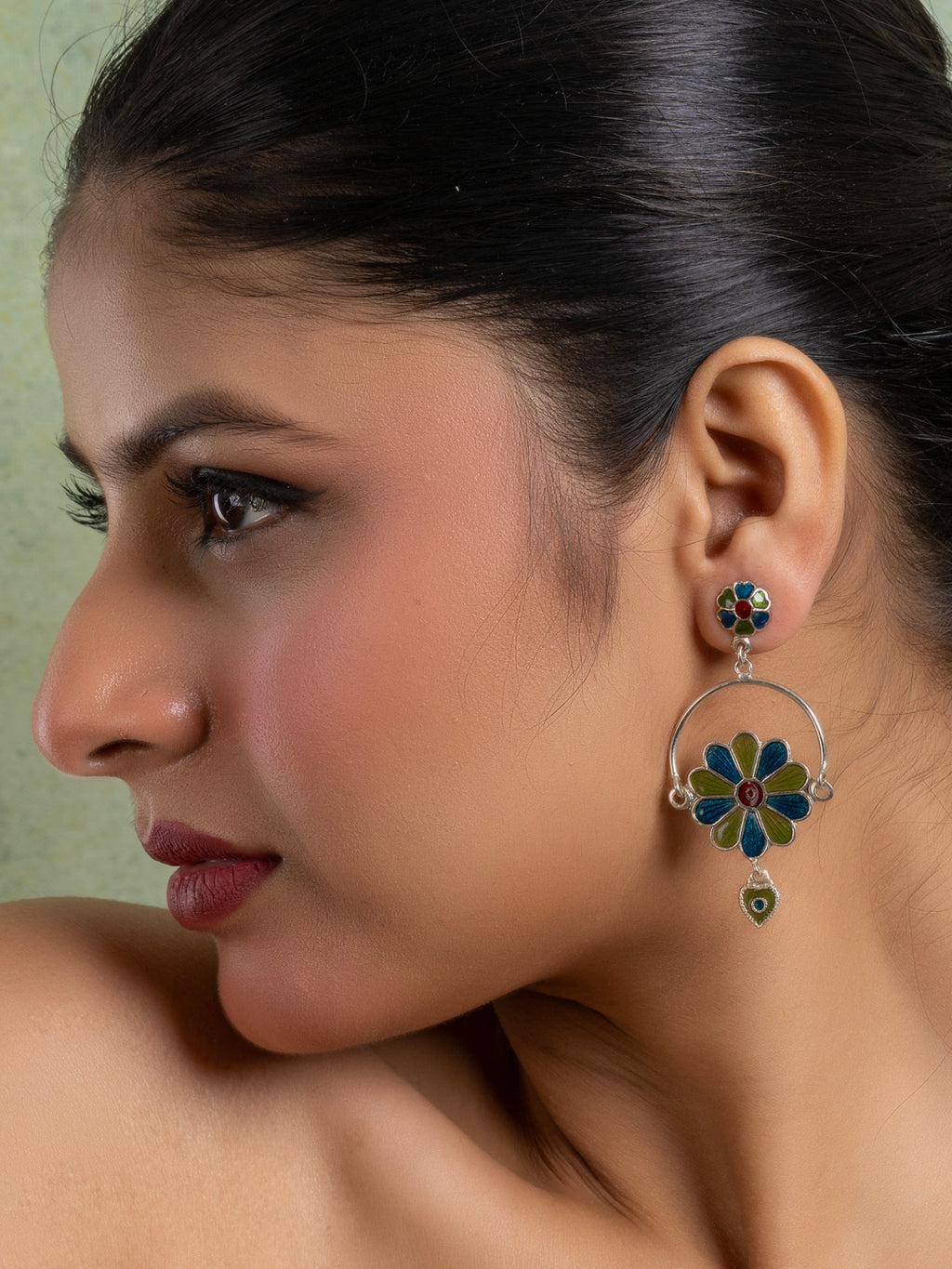 Mehendi Green Turquoise Blue Floral Meenakari Enamel Stud Chandbali Earring
