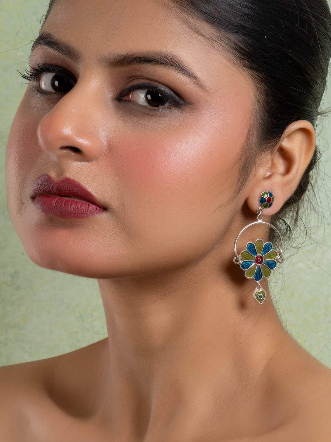 Mehendi Green Turquoise Blue Floral Meenakari Enamel Stud Chandbali Earring
