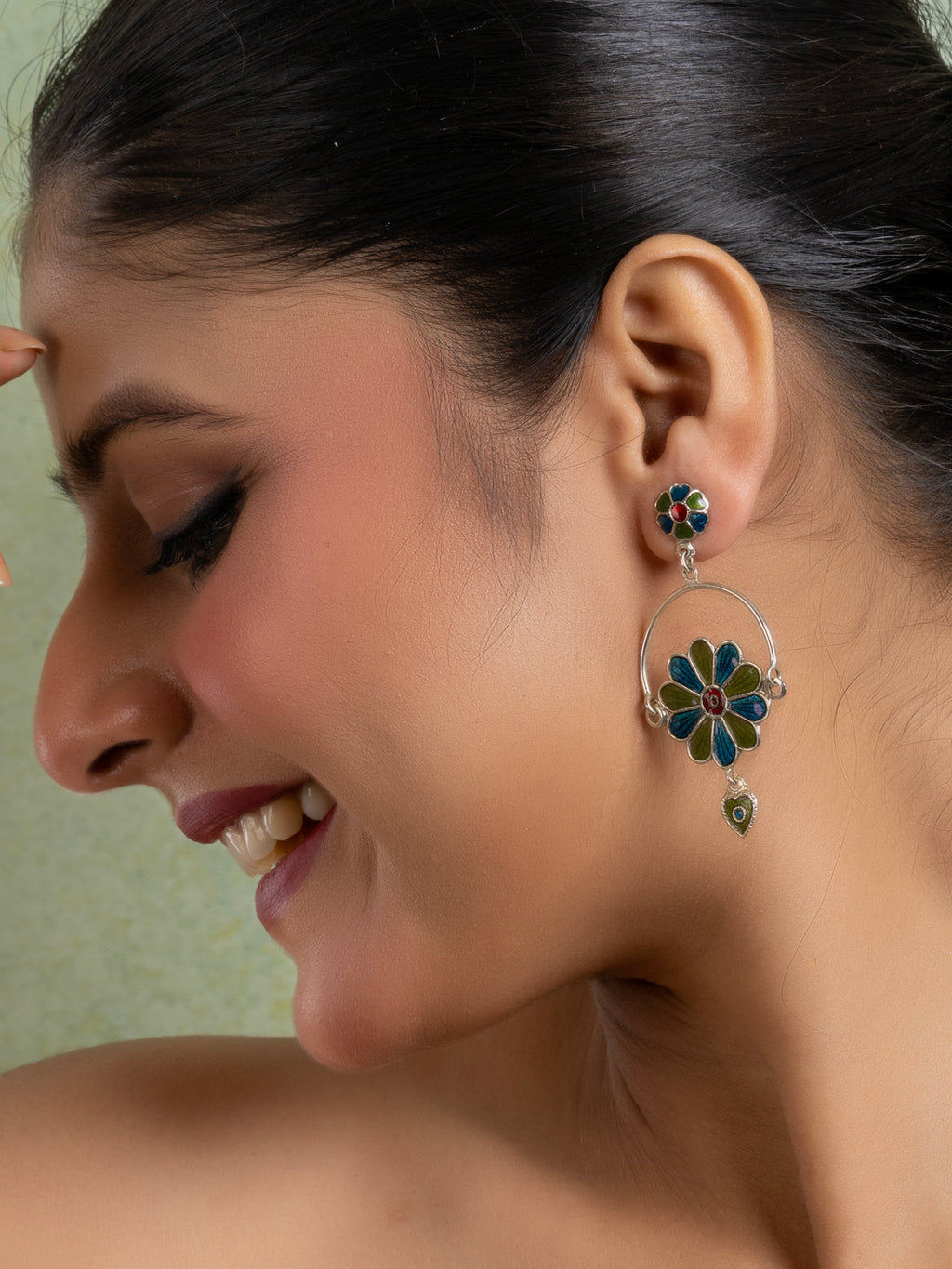Mehendi Green Turquoise Blue Floral Meenakari Enamel Stud Chandbali Earring
