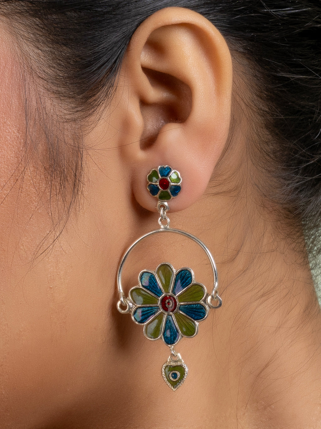 Mehendi Green Turquoise Blue Floral Meenakari Enamel Stud Chandbali Earring