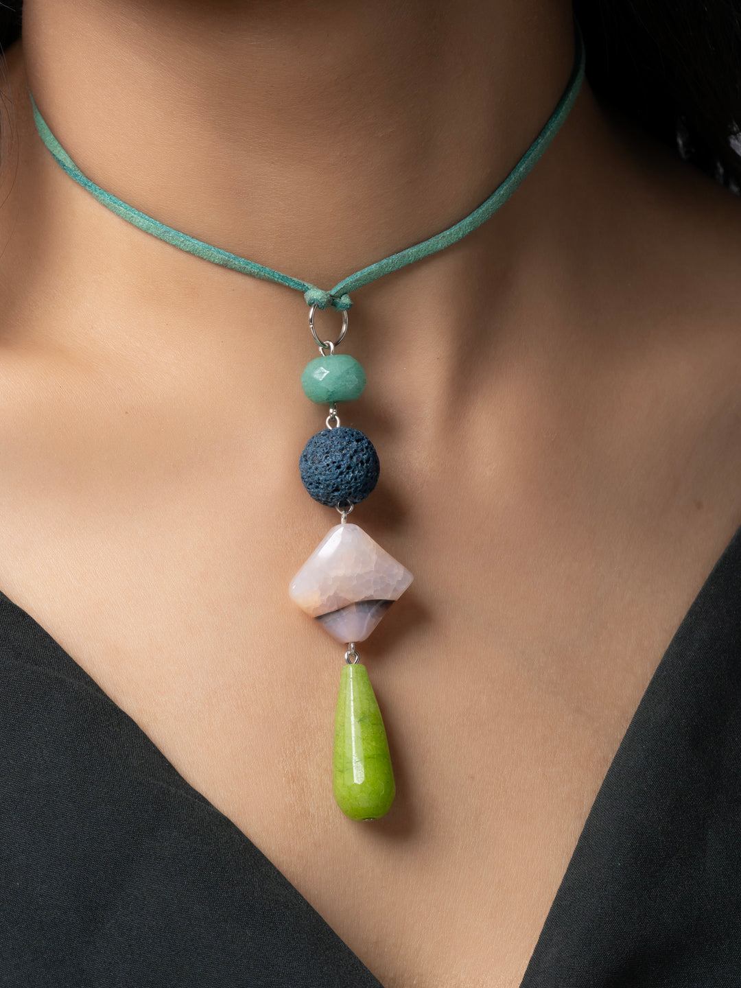 Semi Precious Blue Green Onyx Agate Lava Sleek necklace with adjustable Suede Cord LOOK AND ADORN - designed for you