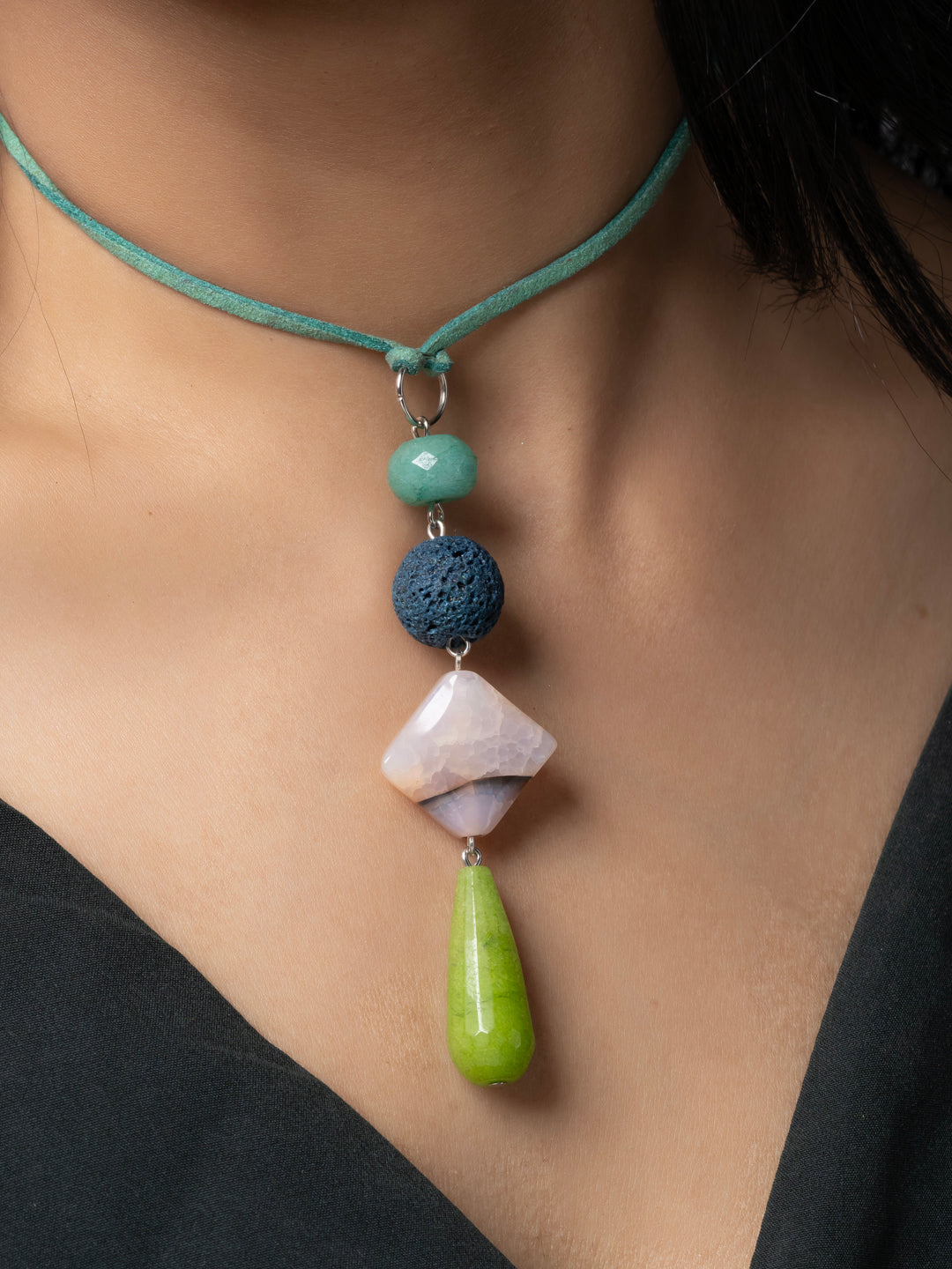 Semi Precious Blue Green Onyx Agate Lava Sleek necklace with adjustable Suede Cord LOOK AND ADORN - designed for you