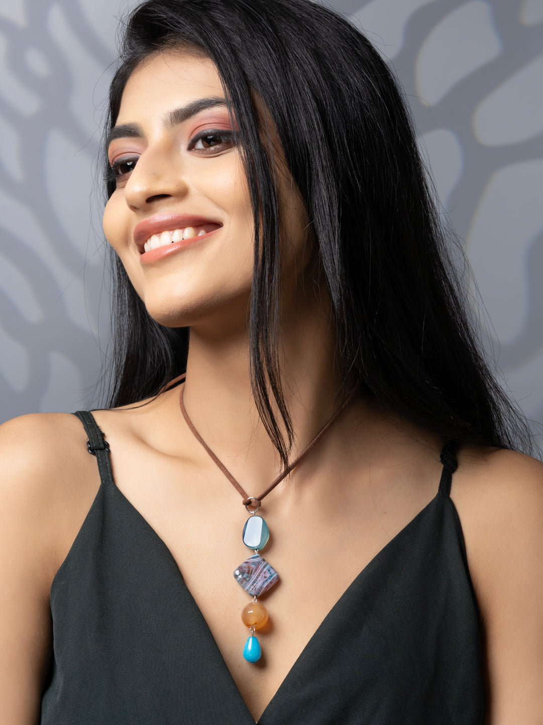 Semi Precious Turquoise Blue Brown Onyx Agate Sleek necklace with adjustable Suede Cord LOOK AND ADORN - designed for you