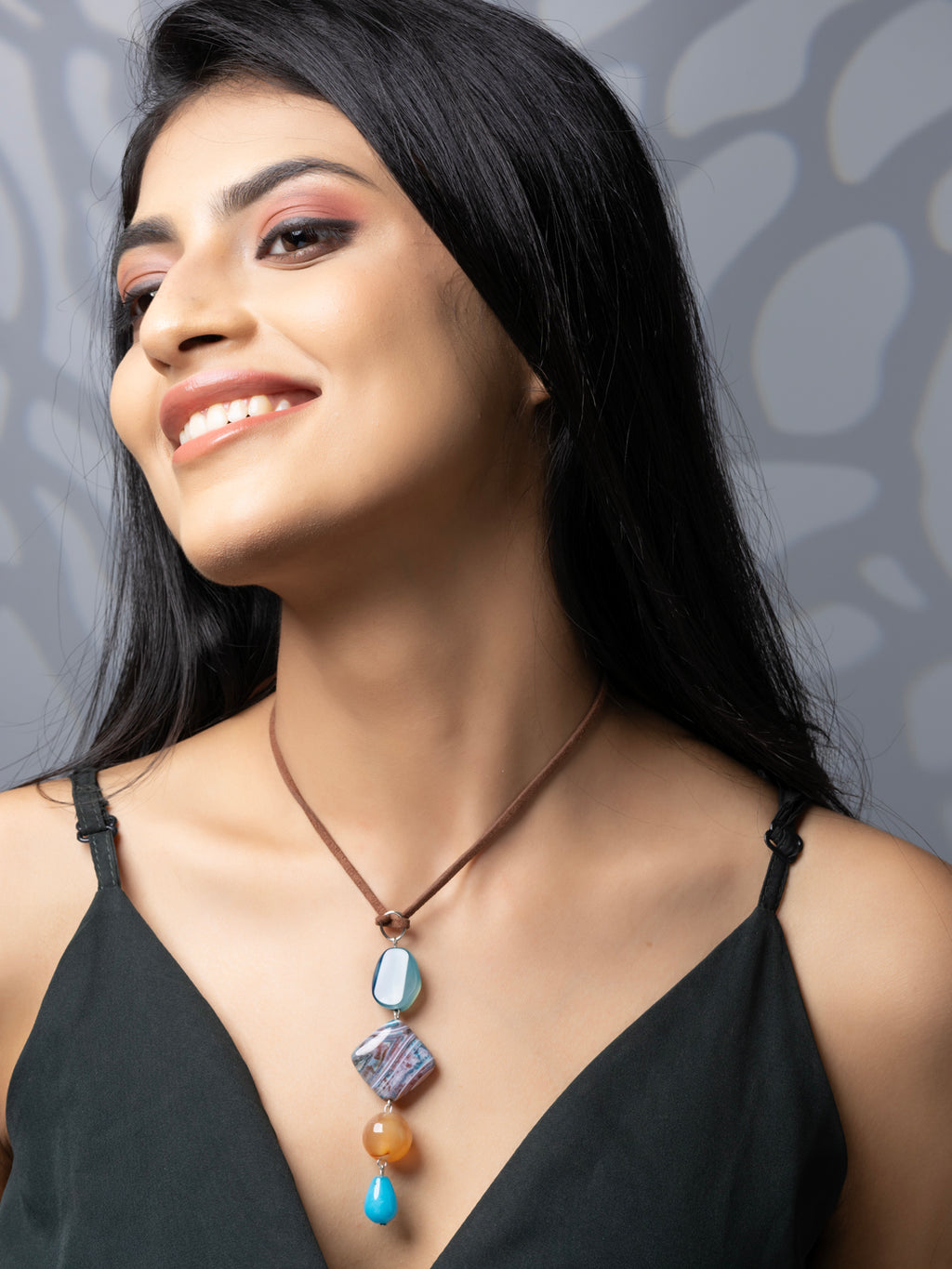 Semi Precious Turquoise Blue Brown Onyx Agate Sleek necklace with adjustable Suede Cord LOOK AND ADORN - designed for you