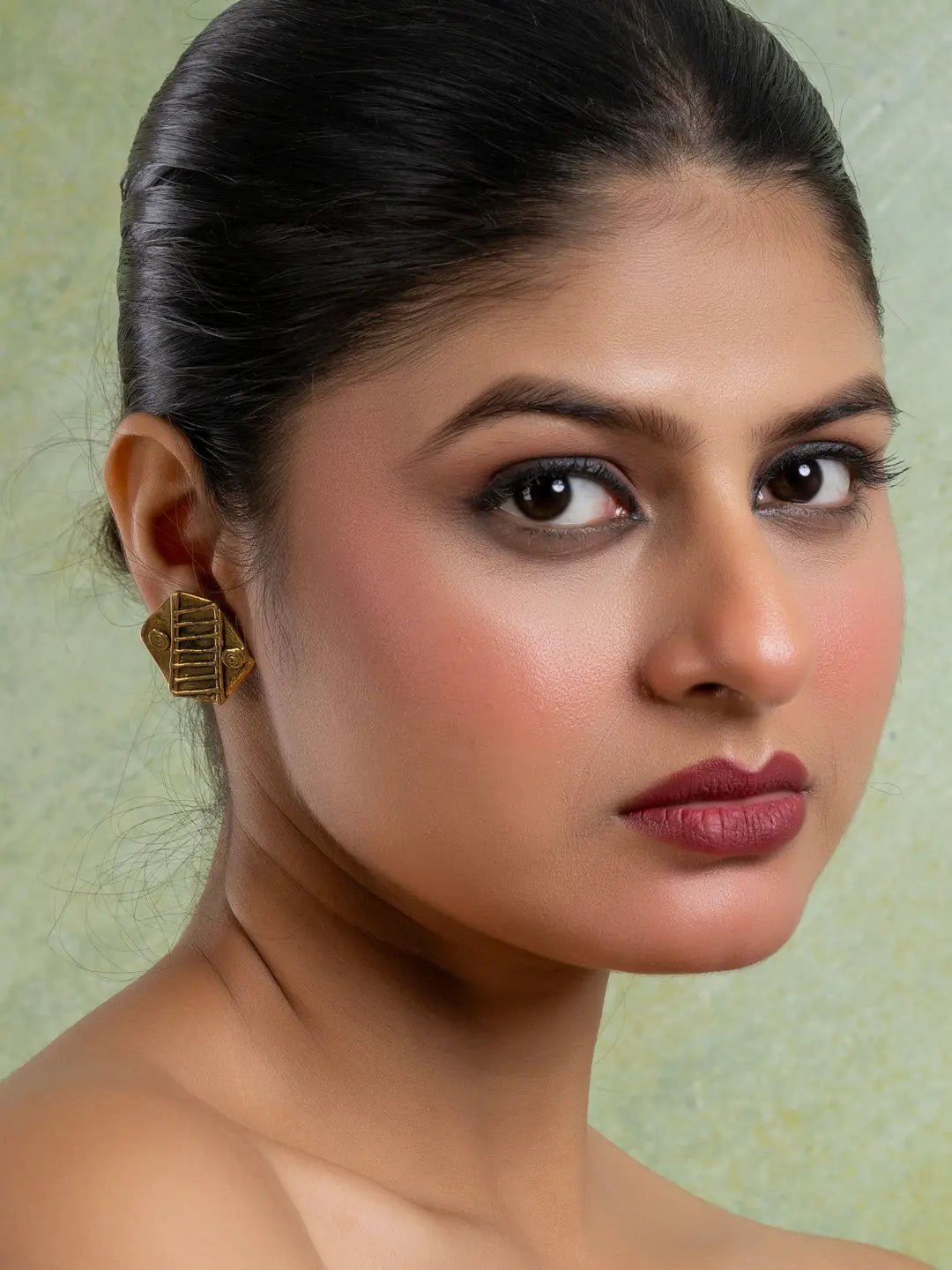 Golden Brass Hexagonal Stud Earring LOOK AND ADORN - designed for you
