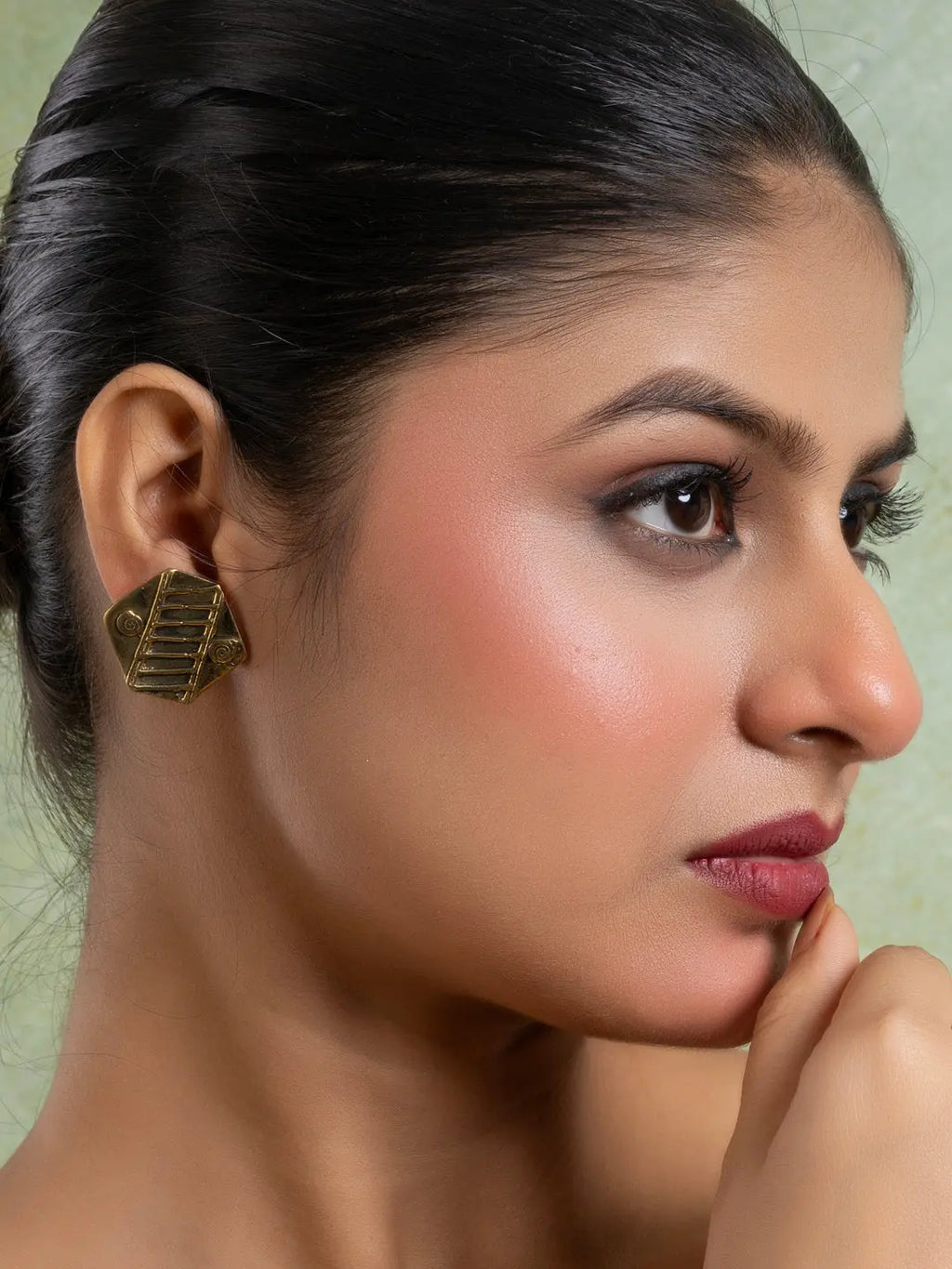 Golden Brass Hexagonal Stud Earring LOOK AND ADORN - designed for you