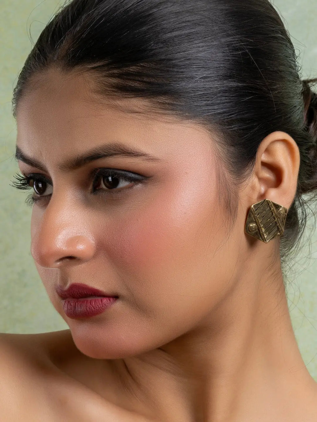 Golden Brass Hexagonal Stud Earring LOOK AND ADORN - designed for you