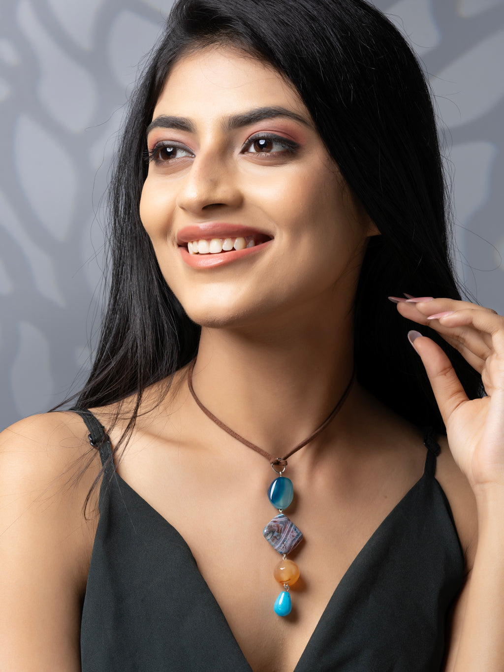 Semi Precious Turquoise Blue Brown Onyx Agate Sleek necklace with adjustable Suede Cord LOOK AND ADORN - designed for you