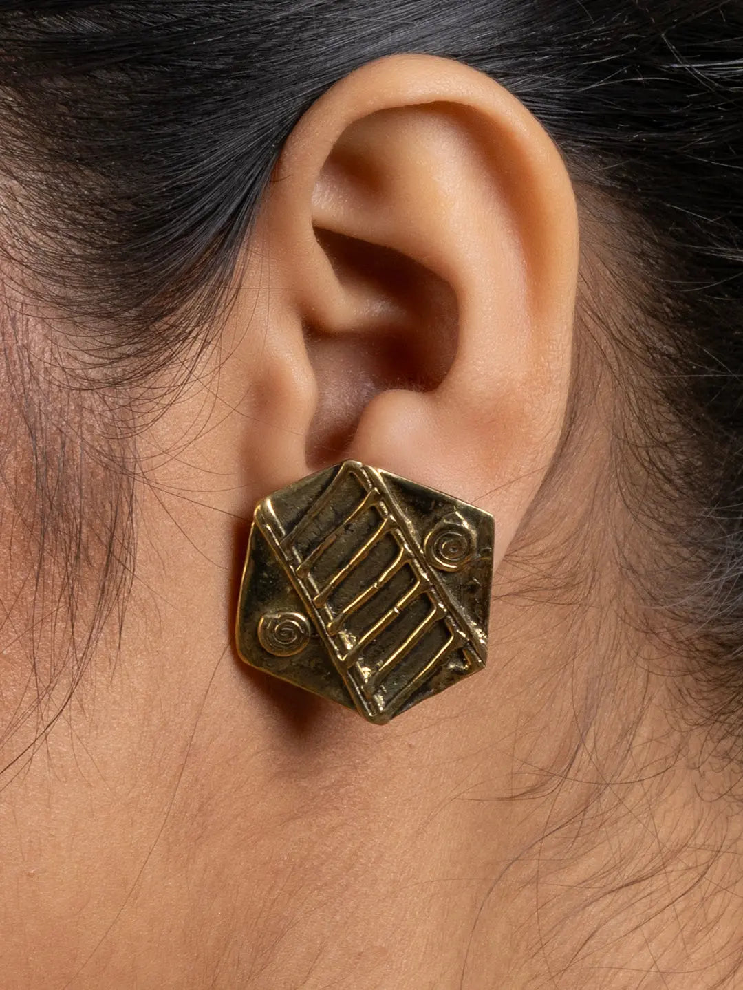 Golden Brass Hexagonal Stud Earring LOOK AND ADORN - designed for you
