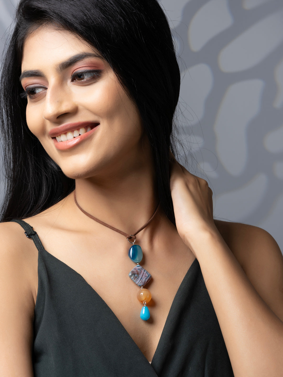Semi Precious Turquoise Blue Brown Onyx Agate Sleek necklace with adjustable Suede Cord LOOK AND ADORN - designed for you