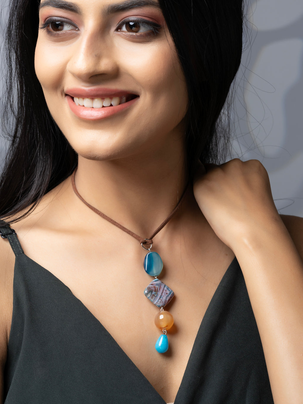 Semi Precious Turquoise Blue Brown Onyx Agate Sleek necklace with adjustable Suede Cord LOOK AND ADORN - designed for you