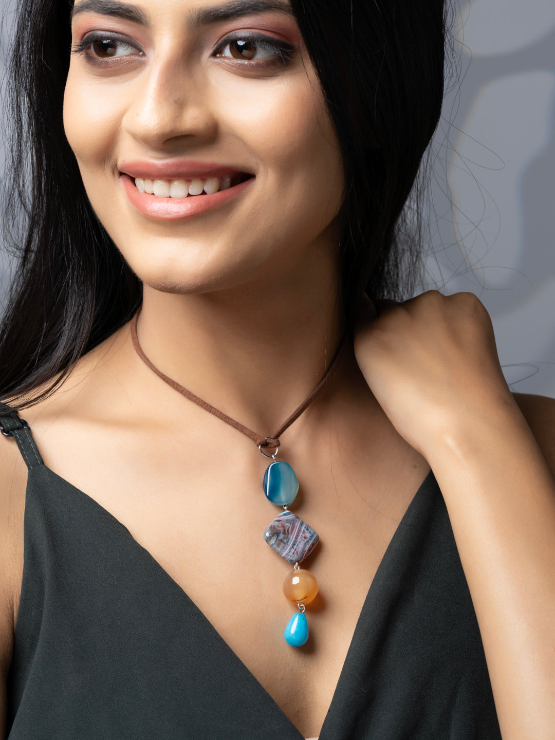Semi Precious Turquoise Blue Brown Onyx Agate Sleek necklace with adjustable Suede Cord LOOK AND ADORN - designed for you