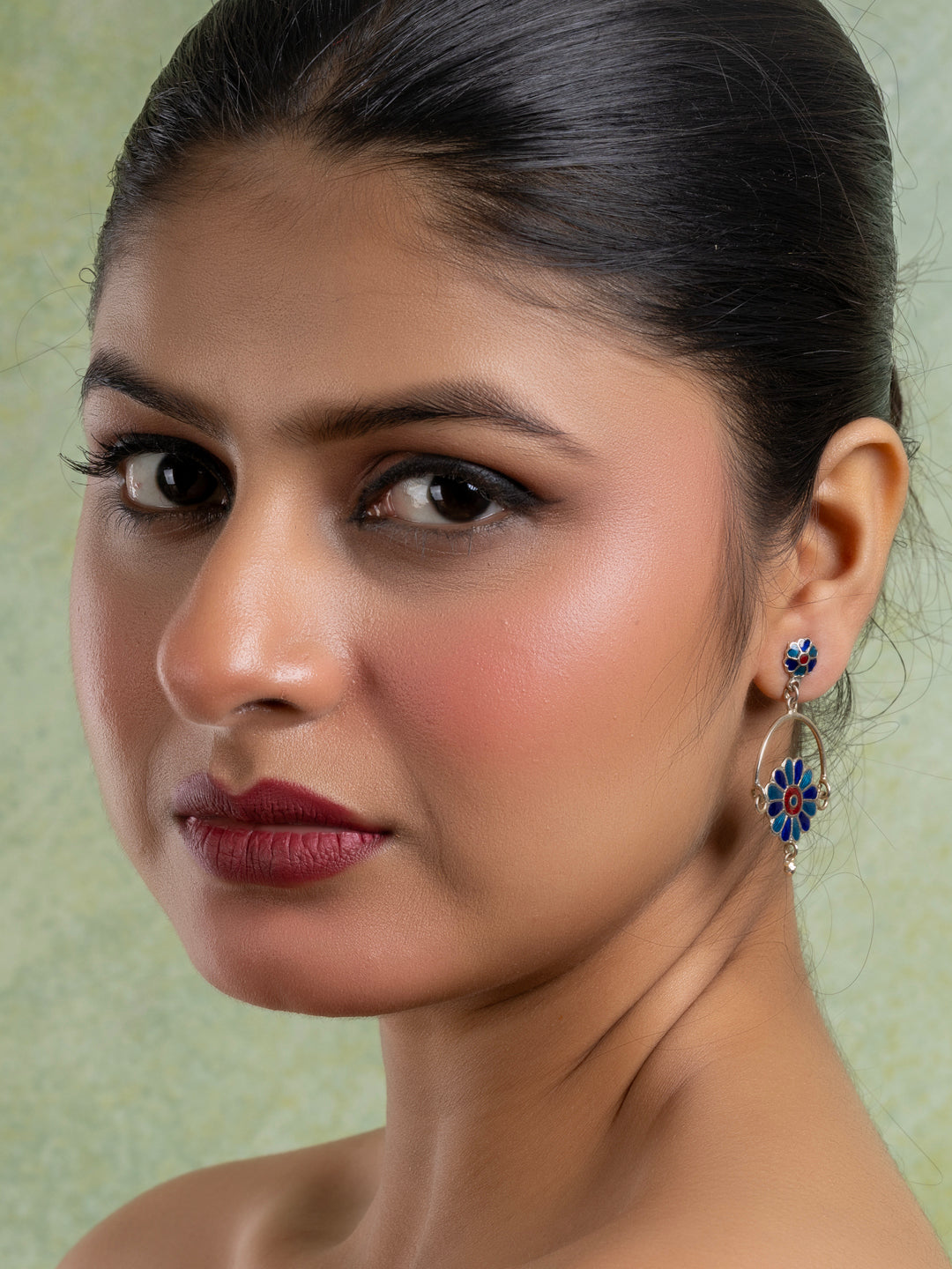 Turquoise Blue Red Floral Meenakari Enamel Stud Chandbali Earring