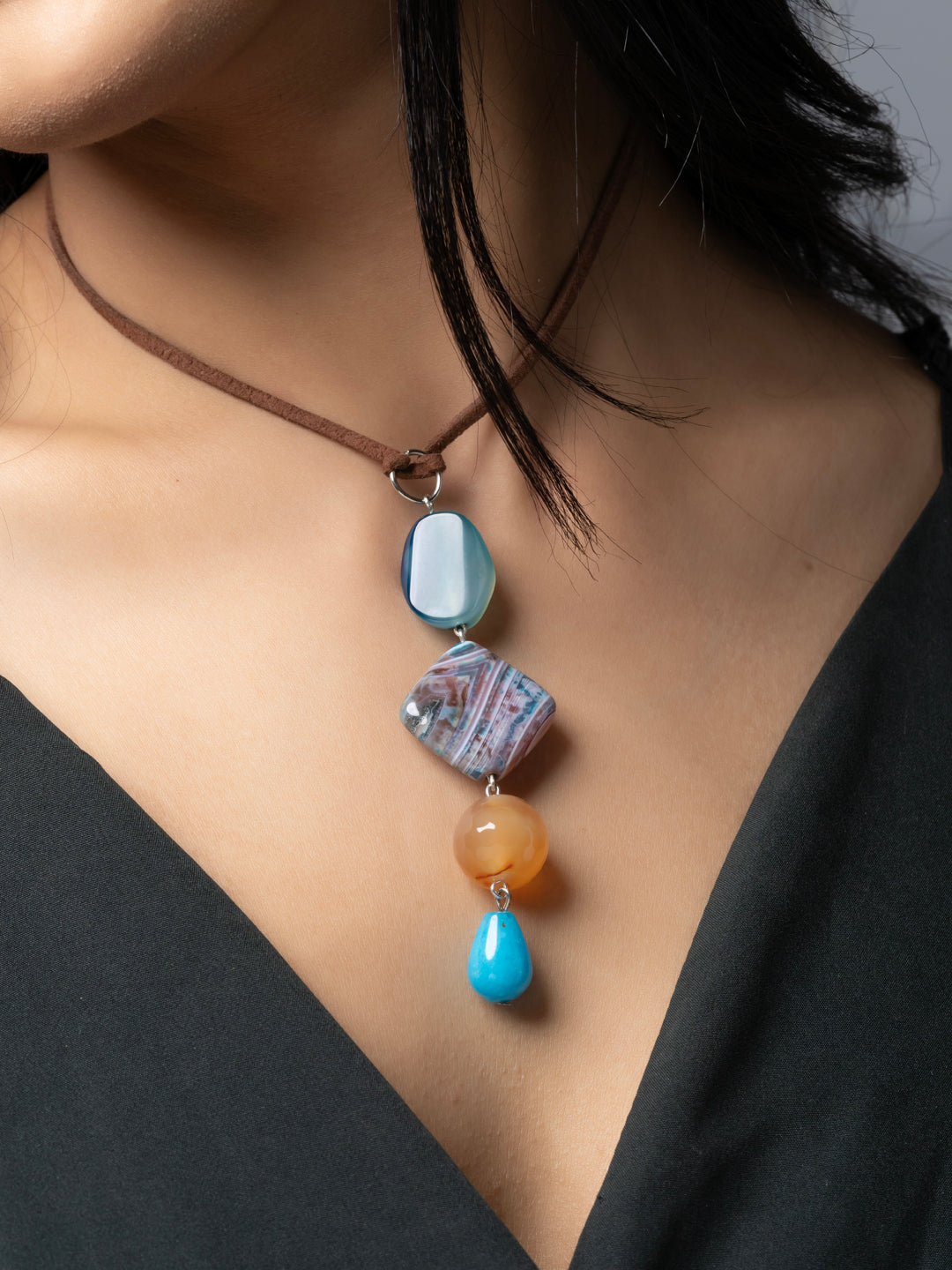 Semi Precious Turquoise Blue Brown Onyx Agate Sleek necklace with adjustable Suede Cord LOOK AND ADORN - designed for you