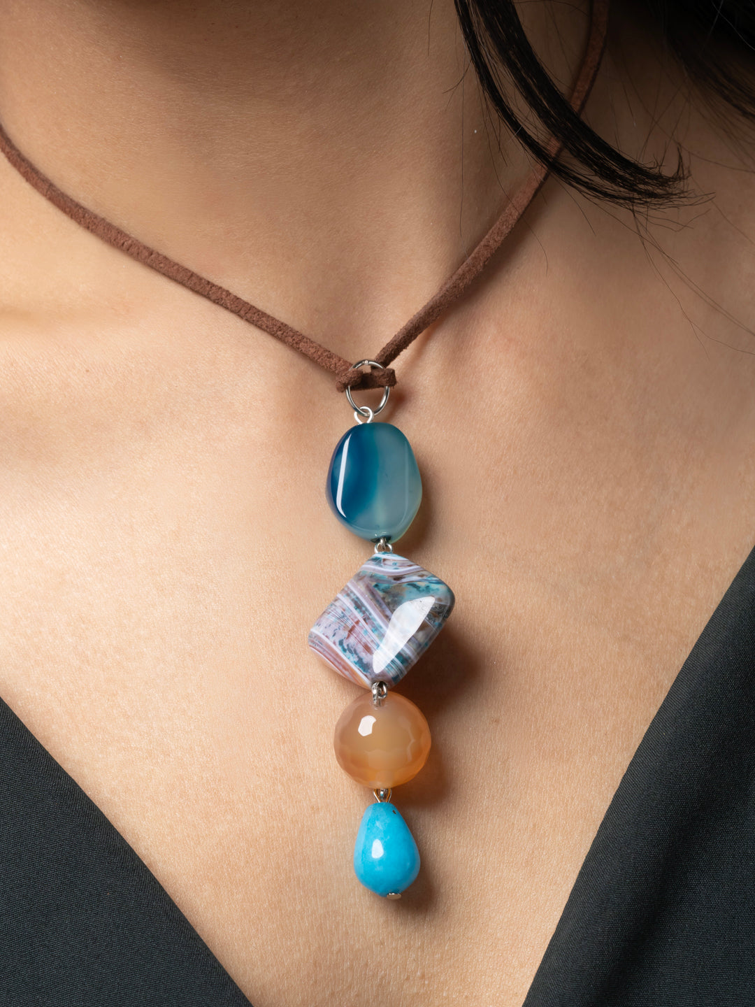 Semi Precious Turquoise Blue Brown Onyx Agate Sleek necklace with adjustable Suede Cord LOOK AND ADORN - designed for you