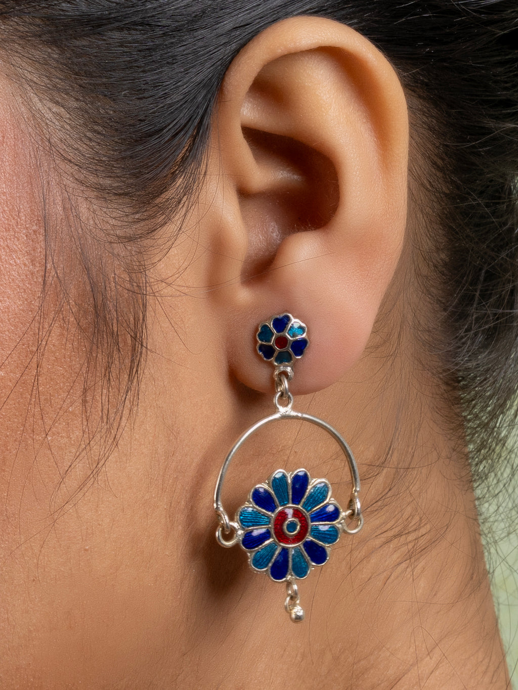 Turquoise Blue Red Floral Meenakari Enamel Stud Chandbali Earring