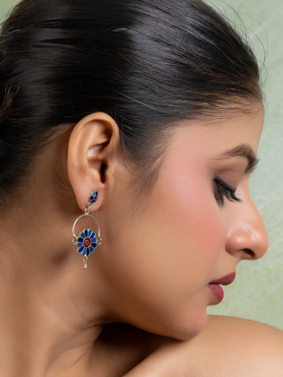 Turquoise Blue Red Floral Meenakari Enamel Stud Chandbali Earring