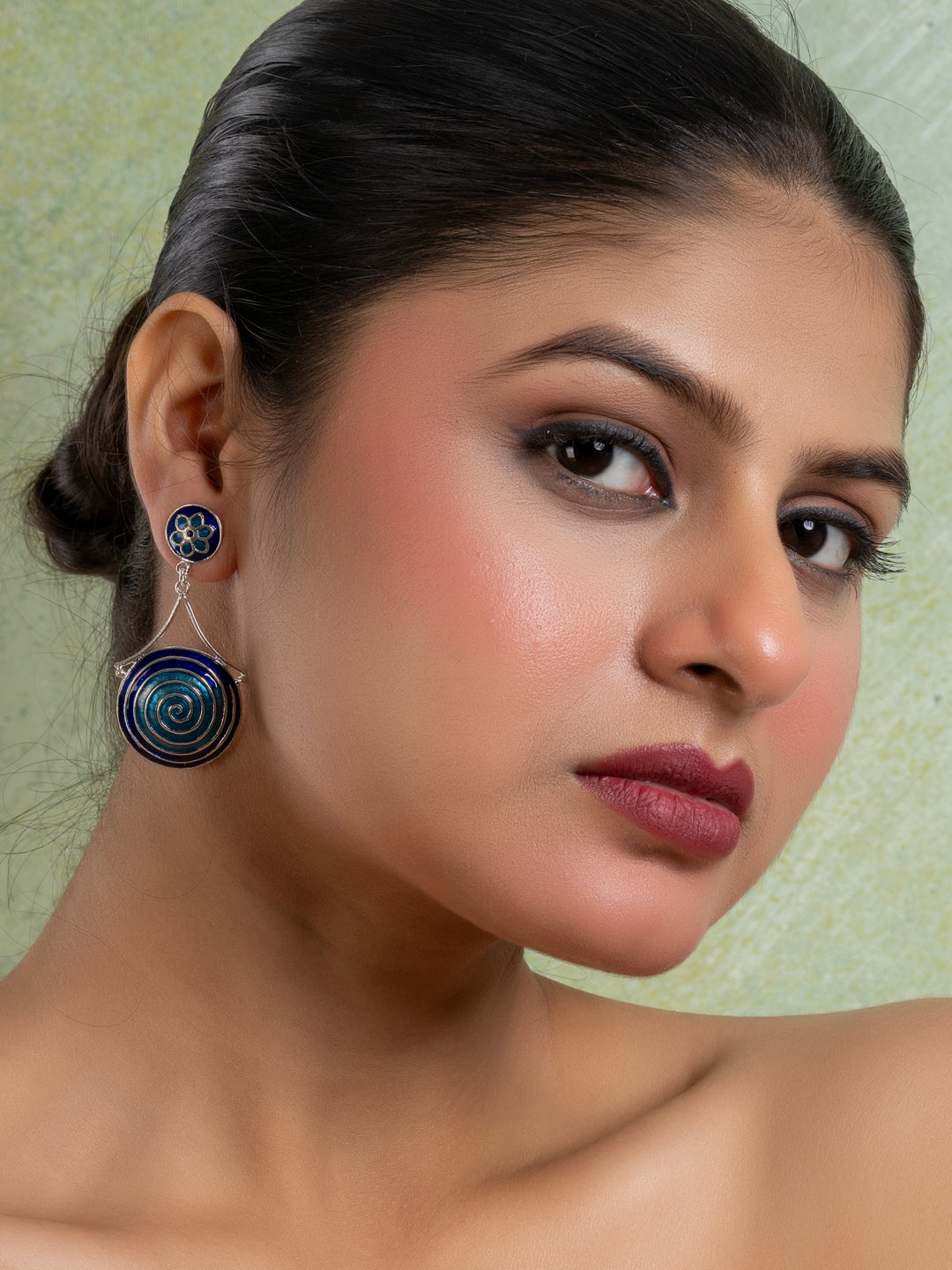 Turquoise Blue Circular Floral Meenakari Stud Enamel Earring