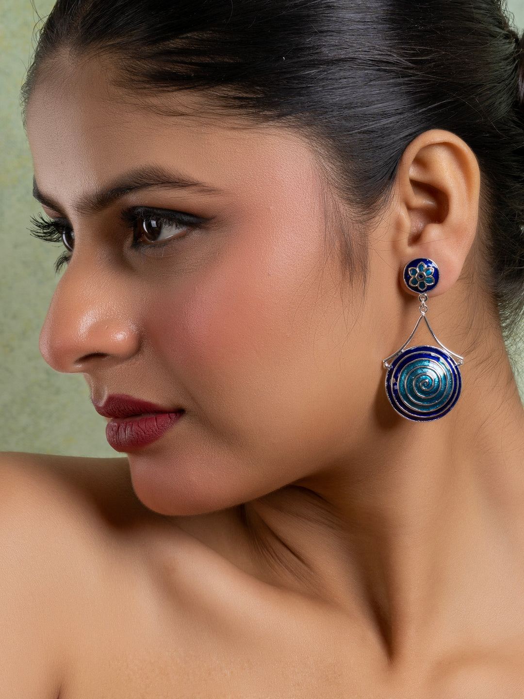 Turquoise Blue Circular Floral Meenakari Stud Enamel Earring