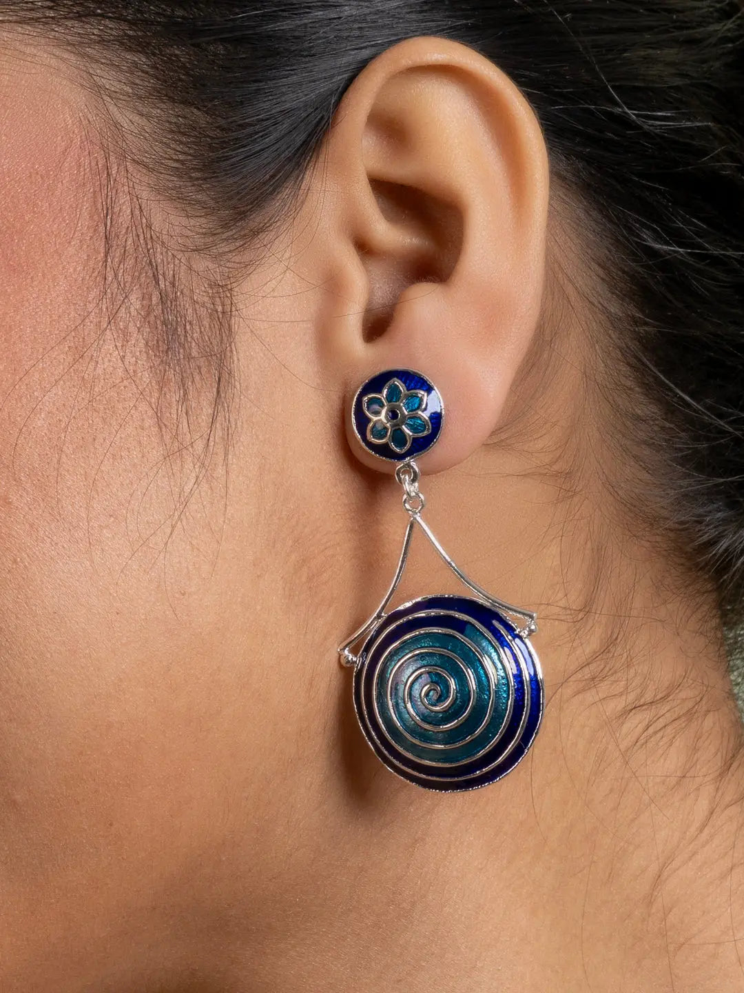 Turquoise Blue Circular Floral Meenakari Stud Enamel Earring LOOK AND ADORN - designed for you