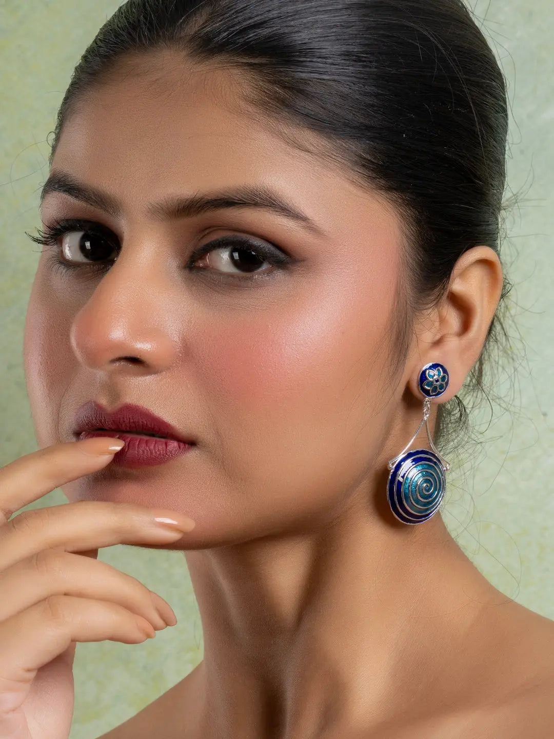 Turquoise Blue Circular Floral Meenakari Stud Enamel Earring LOOK AND ADORN - designed for you
