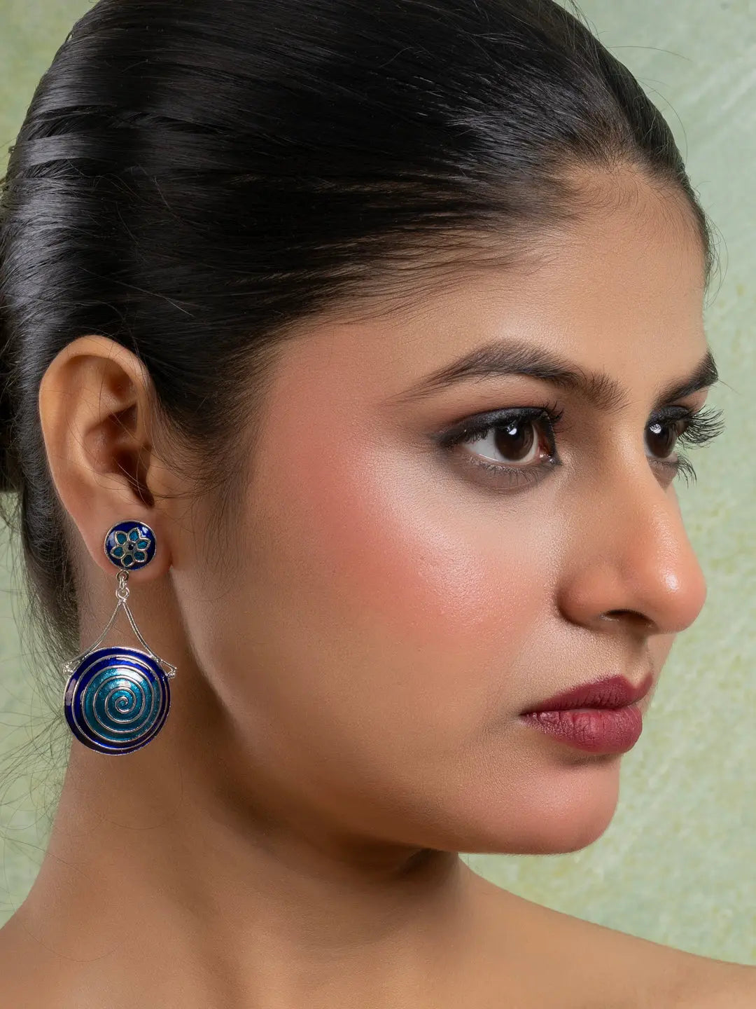 Turquoise Blue Circular Floral Meenakari Stud Enamel Earring LOOK AND ADORN - designed for you