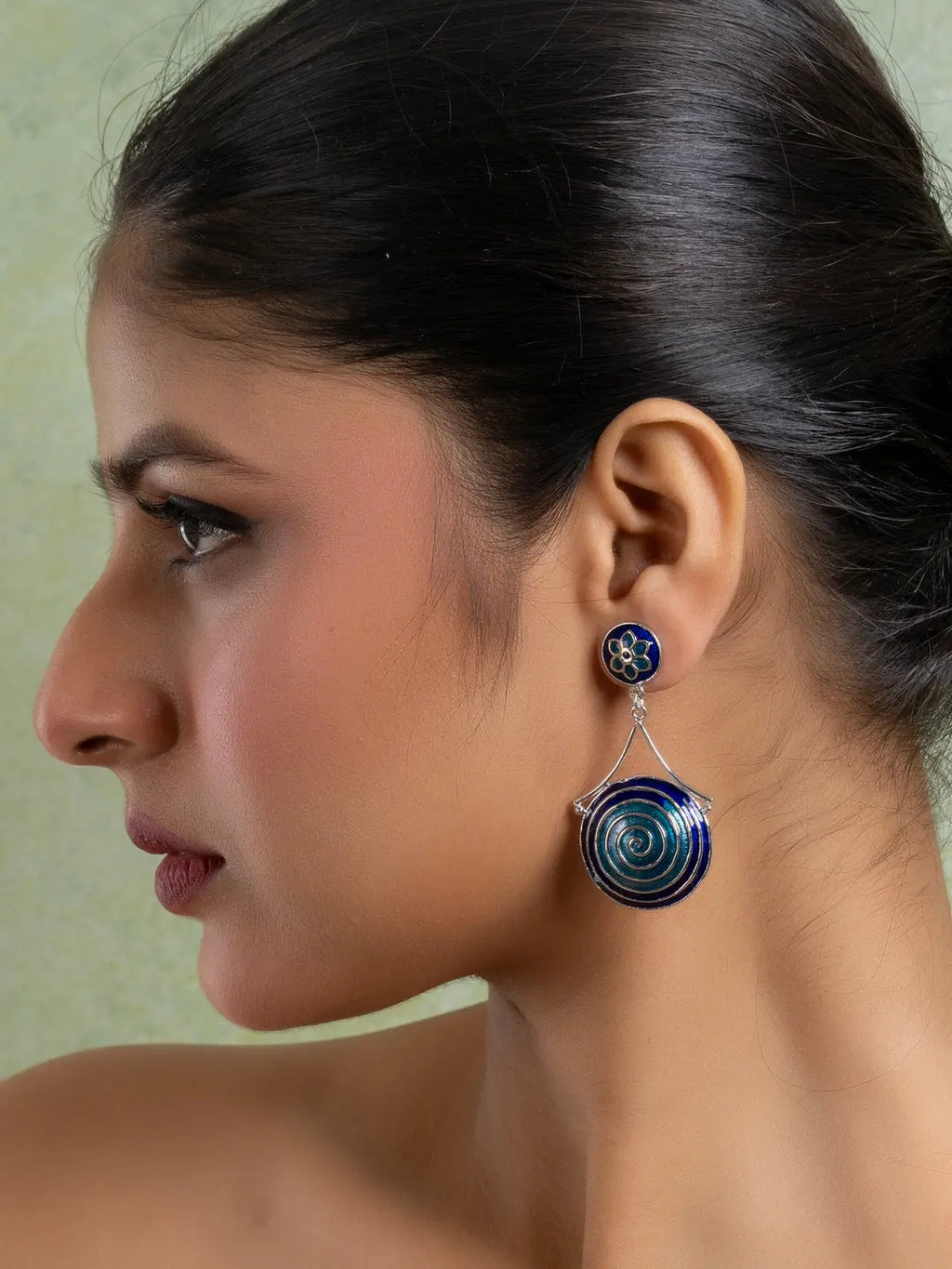 Turquoise Blue Circular Floral Meenakari Stud Enamel Earring LOOK AND ADORN - designed for you