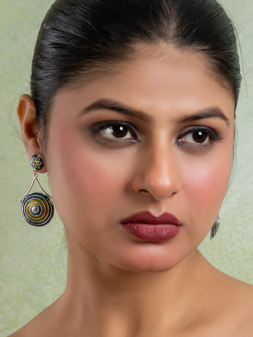 Green Turquoise Blue Circular Floral Meenakari Stud Enamel Earring