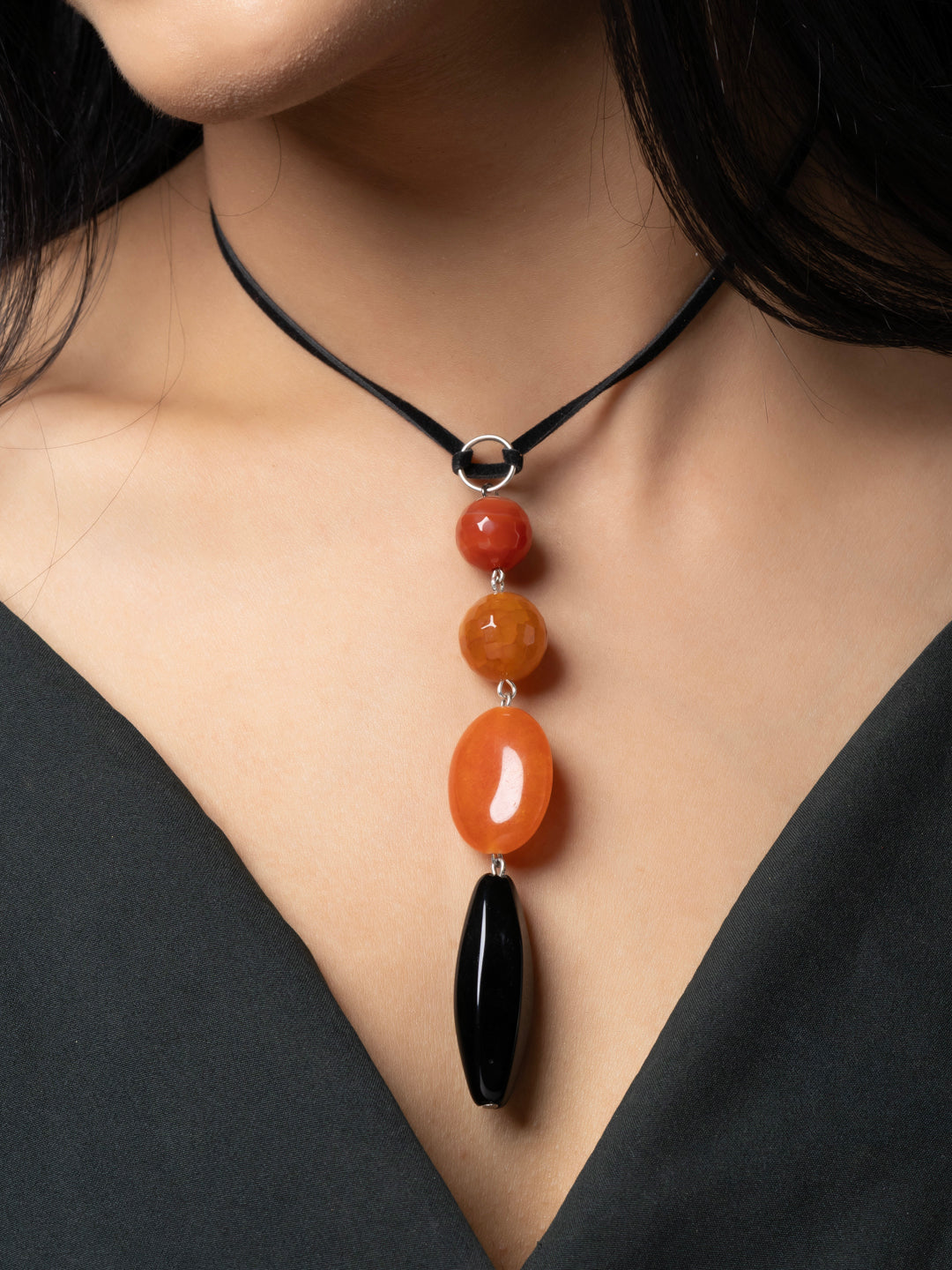 Semi Precious Rust Brown Black Onyx Agate Sleek necklace with adjustable Suede Cord LOOK AND ADORN - designed for you