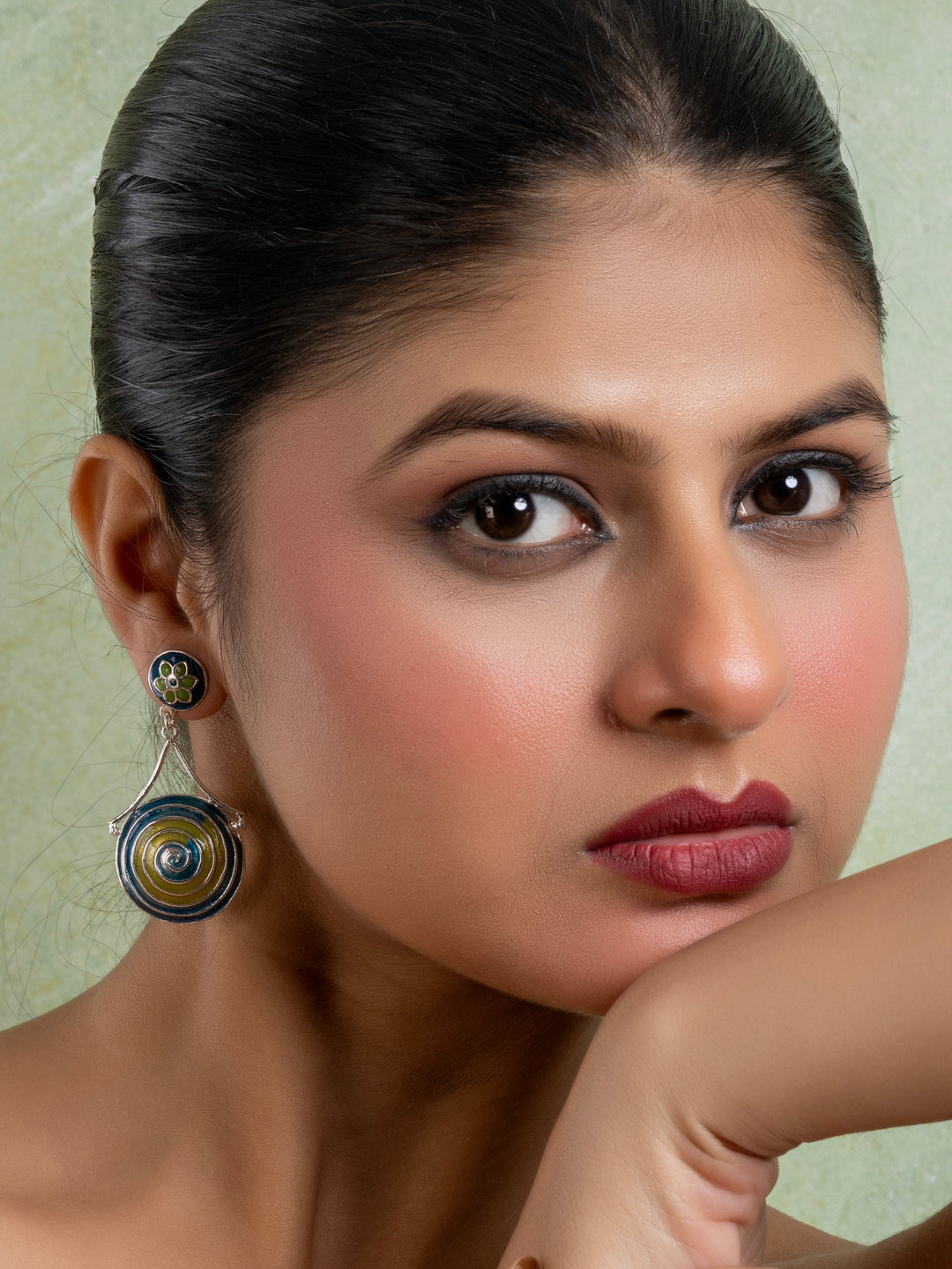 Green Turquoise Blue Circular Floral Meenakari Stud Enamel Earring