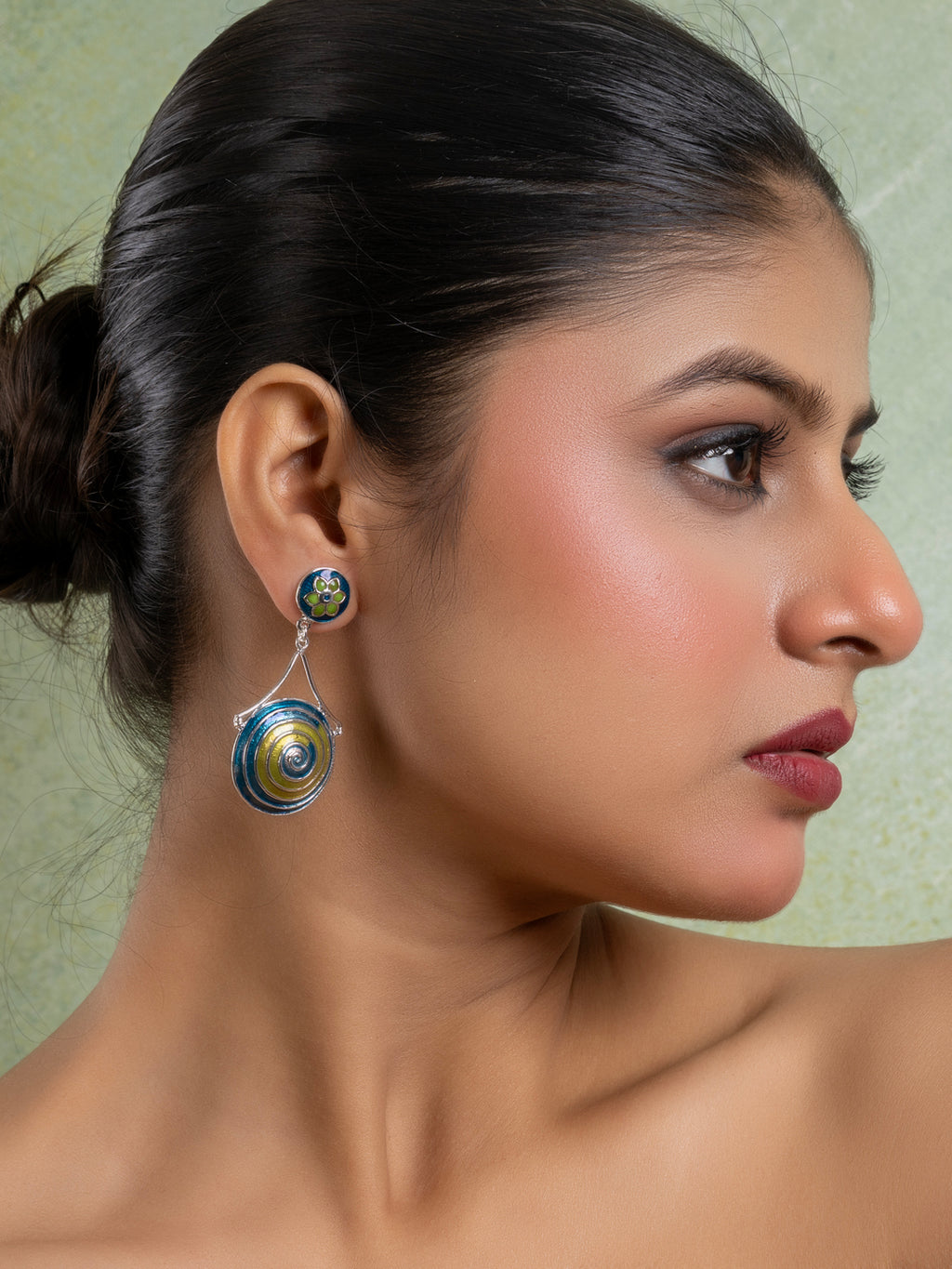 Green Turquoise Blue Circular Floral Meenakari Stud Enamel Earring