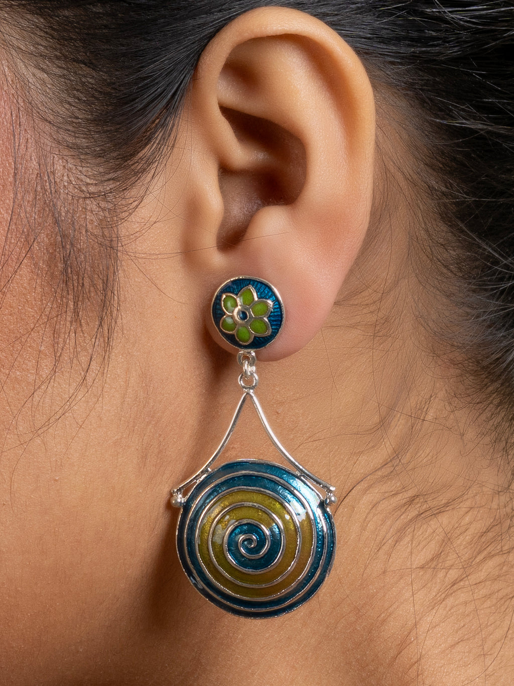Green Turquoise Blue Circular Floral Meenakari Stud Enamel Earring