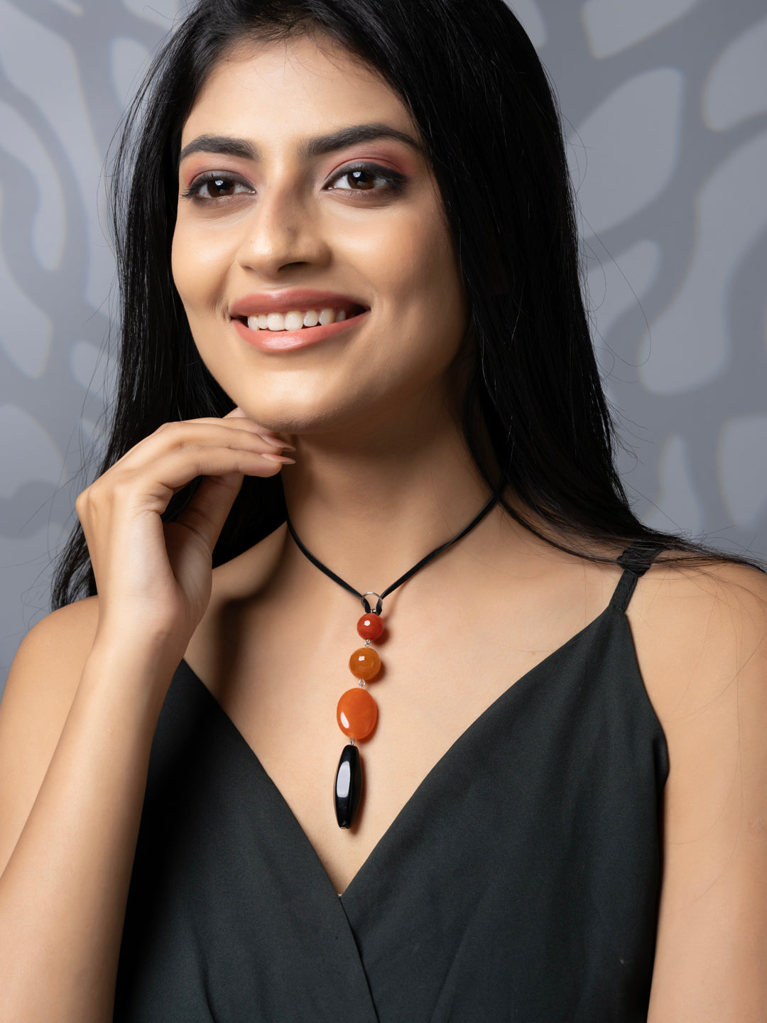 Semi Precious Rust Brown Black Onyx Agate Sleek necklace with adjustable Suede Cord LOOK AND ADORN - designed for you