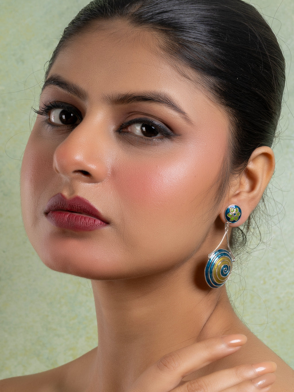 Green Turquoise Blue Circular Floral Meenakari Stud Enamel Earring