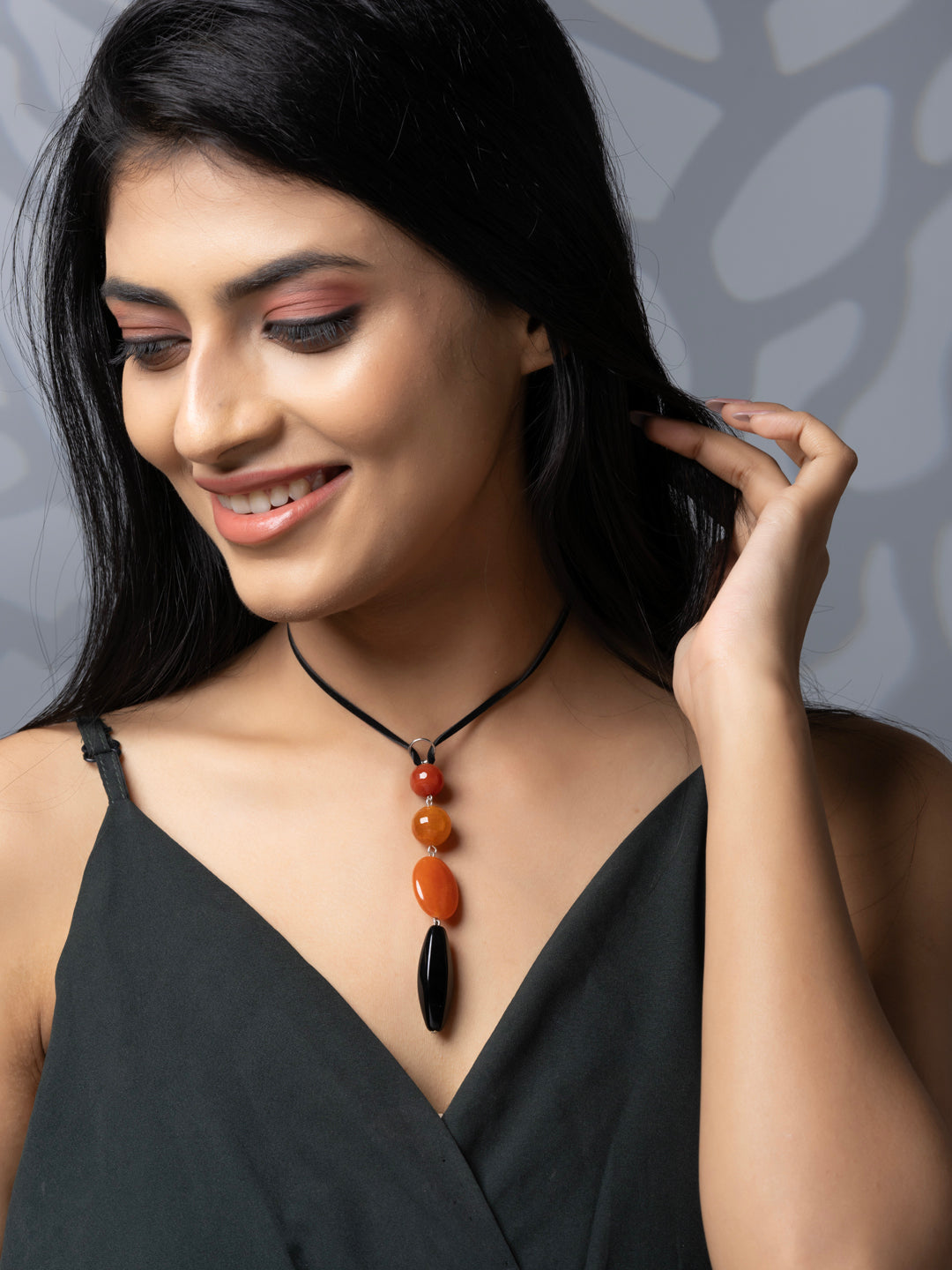 Semi Precious Rust Brown Black Onyx Agate Sleek necklace with adjustable Suede Cord LOOK AND ADORN - designed for you