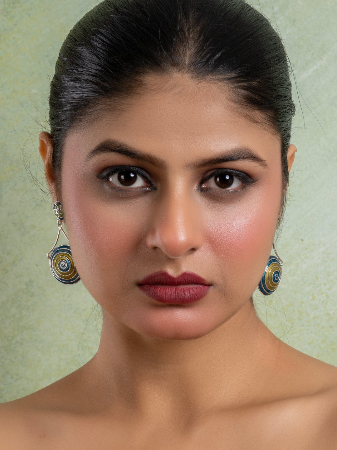 Green Turquoise Blue Circular Floral Meenakari Stud Enamel Earring