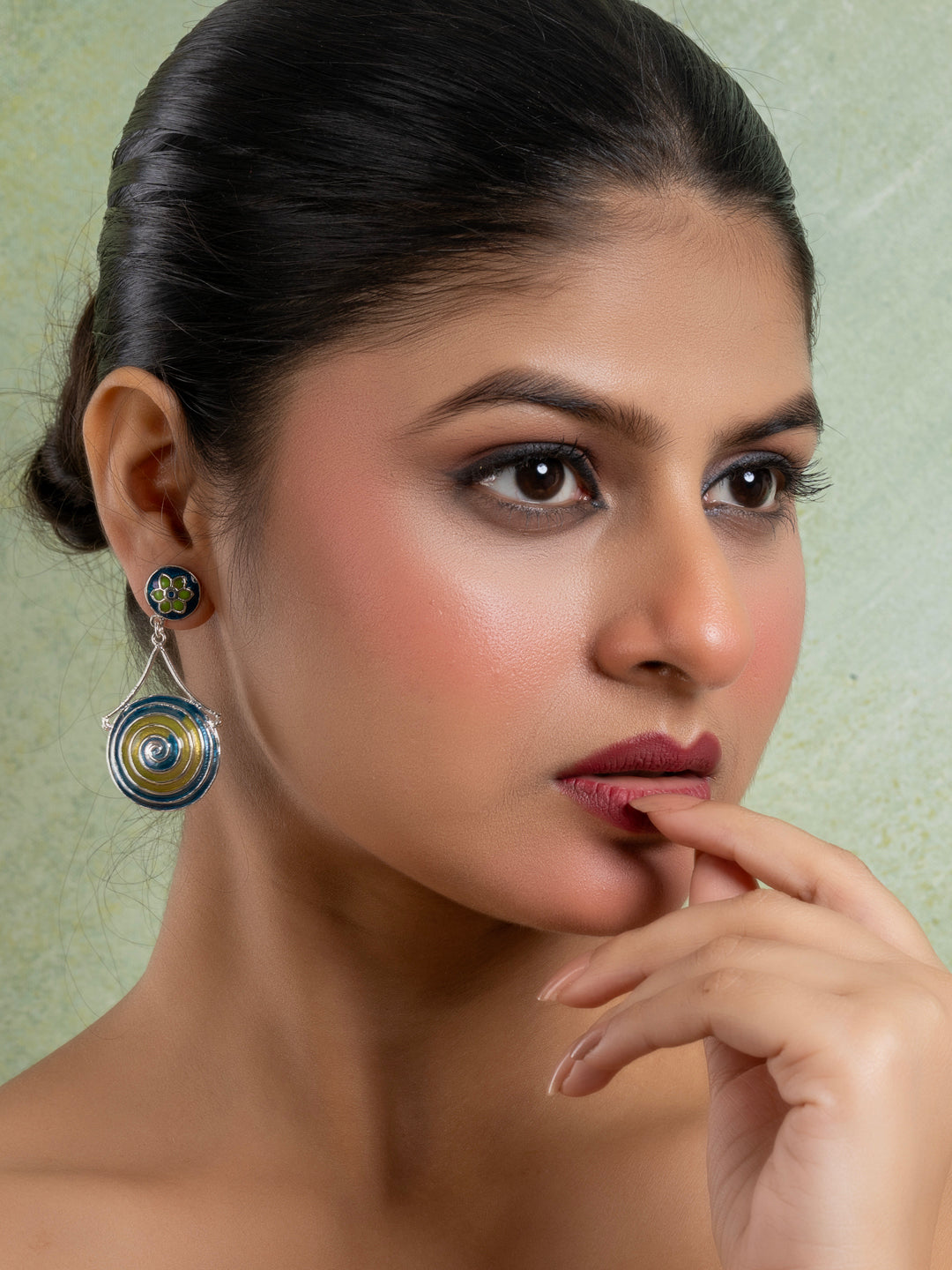 Green Turquoise Blue Circular Floral Meenakari Stud Enamel Earring