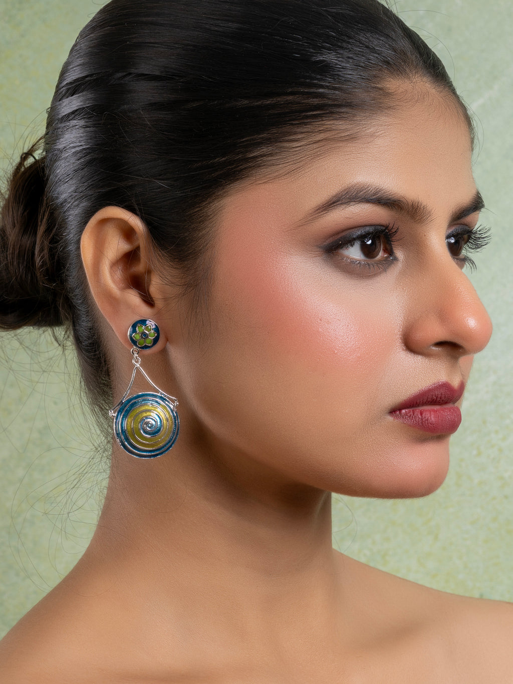 Green Turquoise Blue Circular Floral Meenakari Stud Enamel Earring