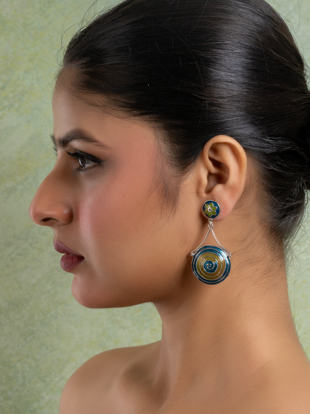 Green Turquoise Blue Circular Floral Meenakari Stud Enamel Earring