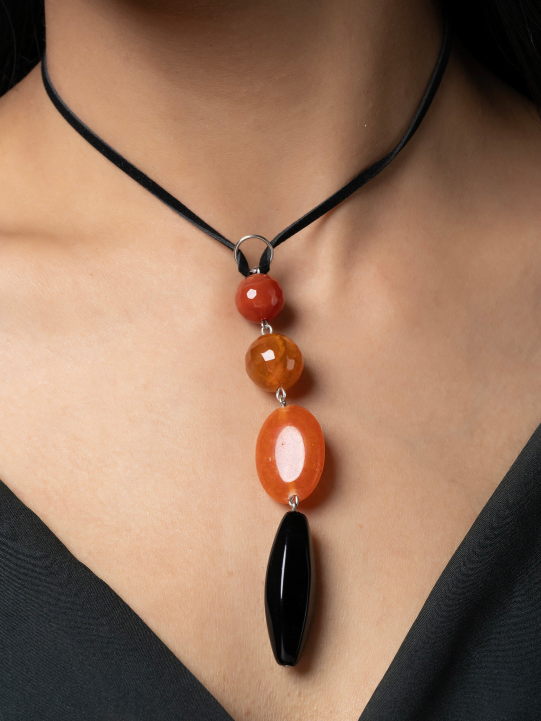 Semi Precious Rust Brown Black Onyx Agate Sleek necklace with adjustable Suede Cord LOOK AND ADORN - designed for you