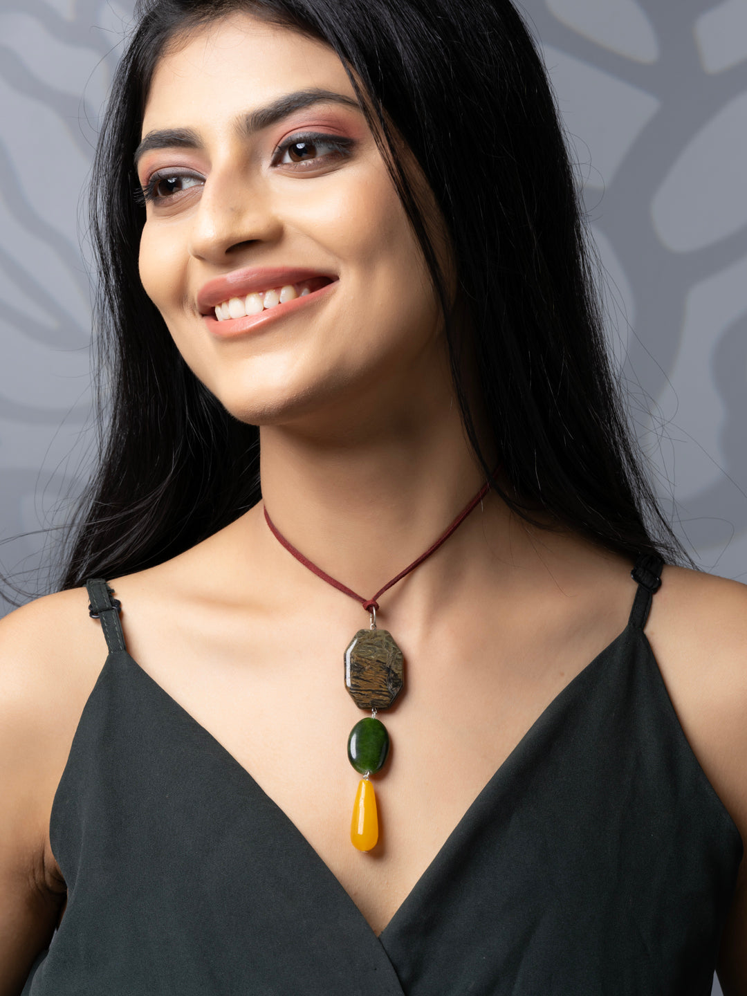 Semi Precious Brown Green Yellow Onyx Agate Sleek necklace with adjustable Suede Cord LOOK AND ADORN - designed for you