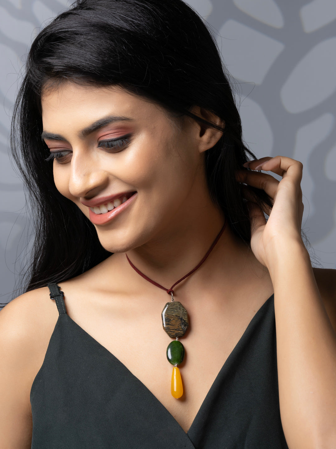 Semi Precious Brown Green Yellow Onyx Agate Sleek necklace with adjustable Suede Cord LOOK AND ADORN - designed for you