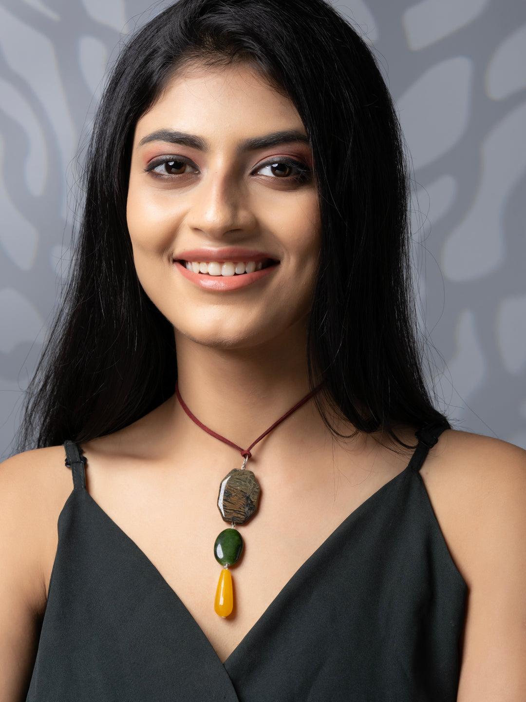 Semi Precious Brown Green Yellow Onyx Agate Sleek necklace with adjustable Suede Cord LOOK AND ADORN - designed for you