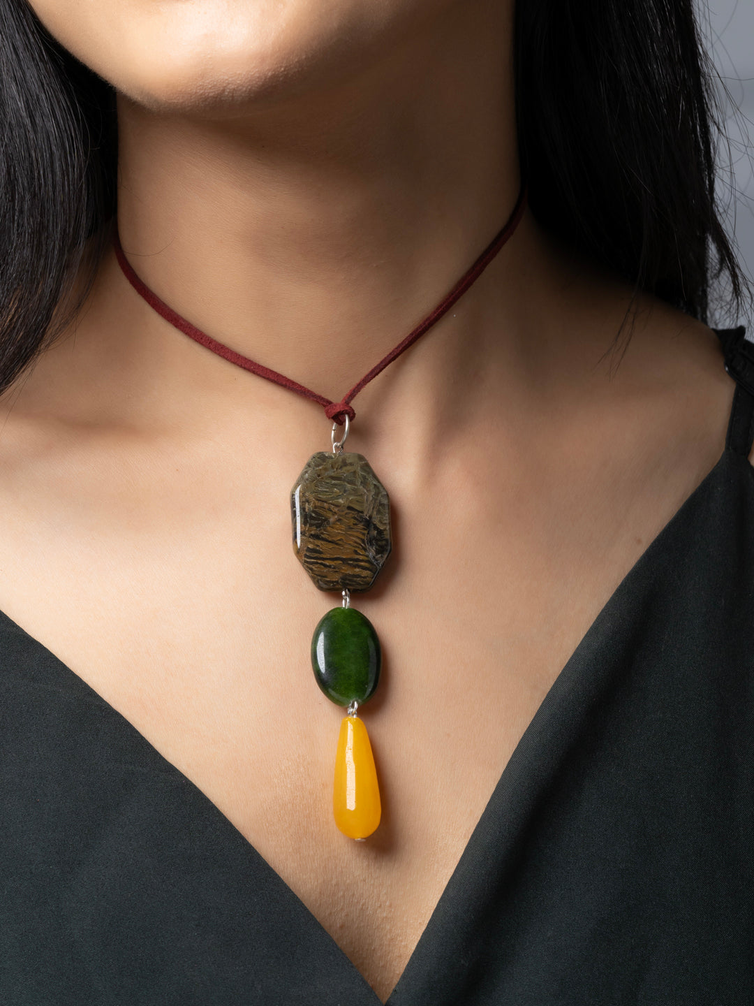 Semi Precious Brown Green Yellow Onyx Agate Sleek necklace with adjustable Suede Cord LOOK AND ADORN - designed for you